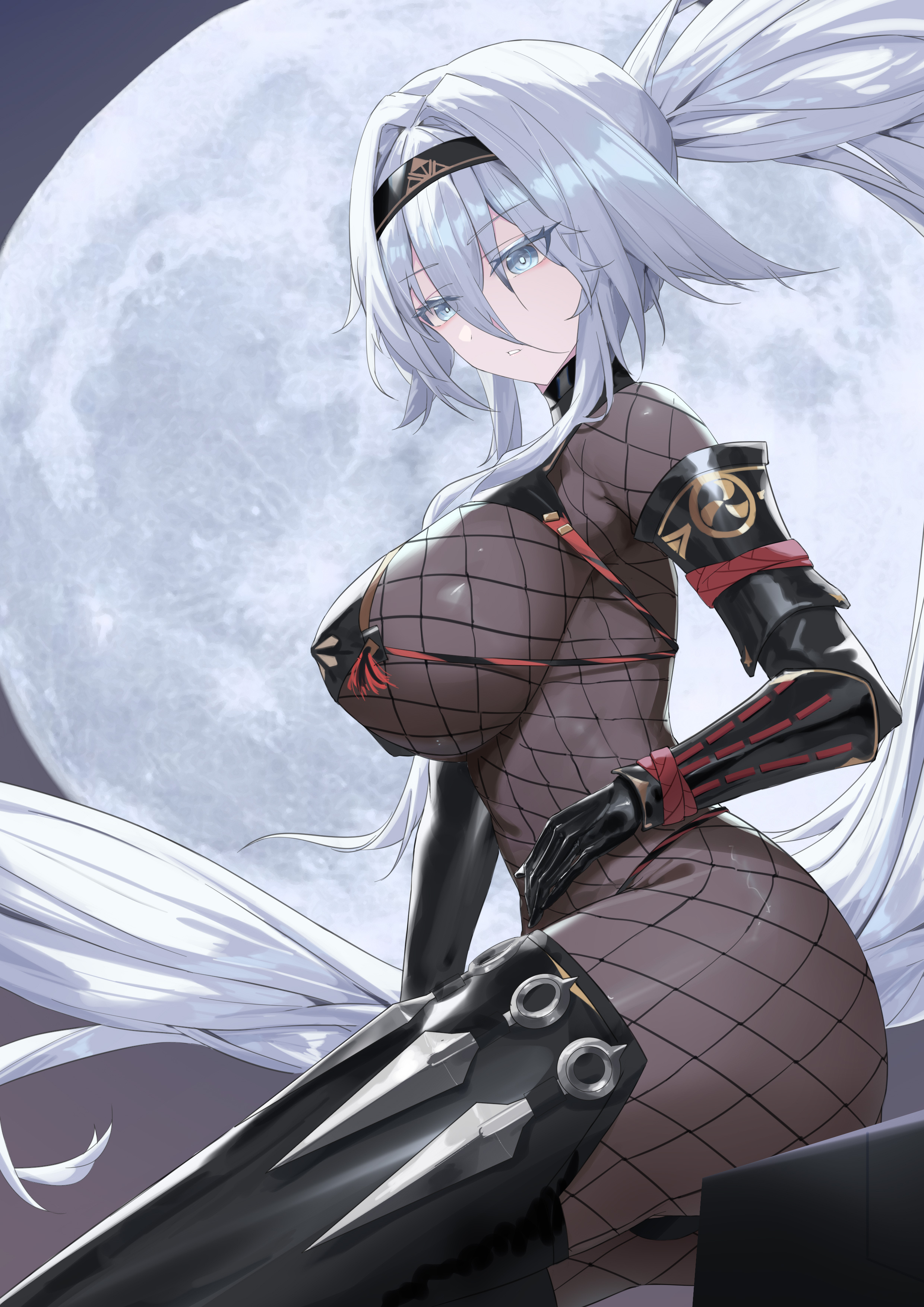 lilin (pixiv 25958194), sovetsky soyuz (azur lane), sovetsky soyuz (stringed interrogation) (azur lane), azur lane, absurdres, highres, 1girl, ass, black gloves, black hairband, blue eyes, bodystocking, boots, breasts, covered erect nipples, elbow gloves, fishnet bodystocking, fishnets, full moon, gauntlets, gloves, hair between eyes, hair intakes, hairband, kunai, large breasts, long bangs, long hair, moon, night, ninja, official alternate costume, outdoors, parted lips, ponytail, sidelocks, sitting, solo, thigh boots, very long hair, weapon, white hair