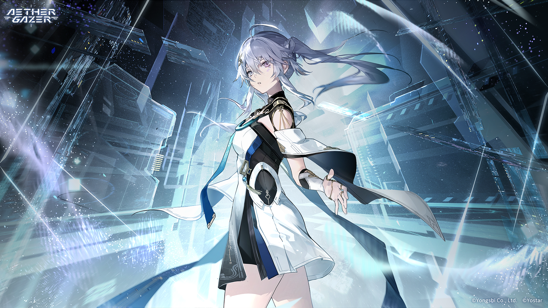 aether gazer, artist request, character request, highres, non-web source, official art, second-party source, 1girl, ahoge, copyright name, copyright notice, dress, from side, grey eyes, grey hair, hair between eyes, heterochromia, long hair, purple eyes, solo, twintails, white dress