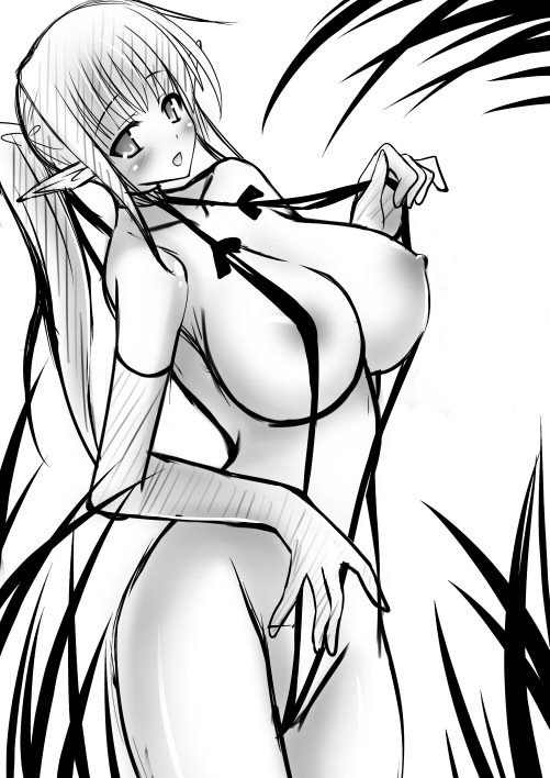 stem (roam), 1girl, blush, breasts, clothes pull, female focus, gloves, greyscale, huge breasts, monochrome, one-piece swimsuit pull, pointy ears, ponytail, pulling own clothes, slingshot swimsuit, solo, swimsuit, thighs