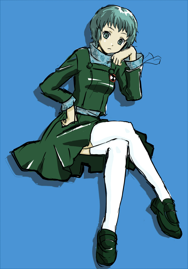 j. taisa, yamagishi fuuka, atlus, persona, persona 3, 1girl, aqua eyes, aqua hair, crossed legs, female focus, green hair, short hair, sitting, skirt, solo, thighhighs
