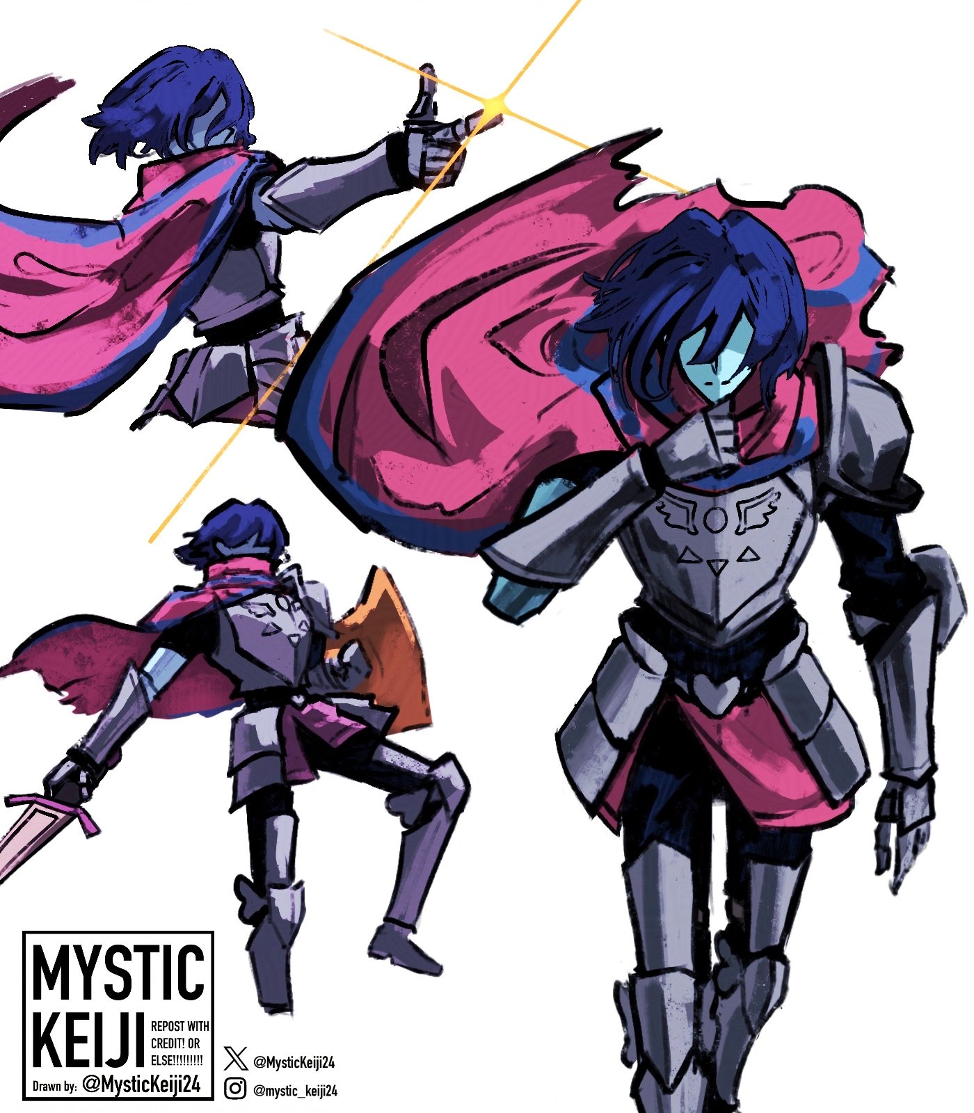mystickeiji24, kris (dark world) (deltarune), kris (deltarune), deltarune, utdr (toby fox), highres, 1other, armor, artist name, blue hair, blue skin, cape, colored skin, gauntlets, greaves, holding, holding shield, holding sword, holding weapon, instagram username, multiple views, pointing, purple cape, shield, shoulder pads, simple background, sword, tassets, twitter username, weapon, white background