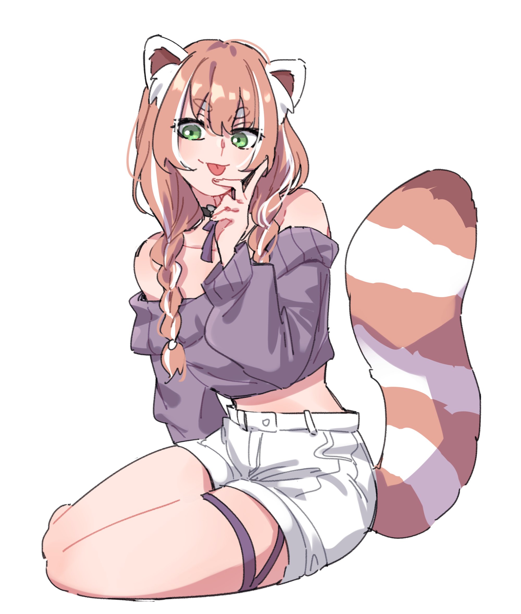 yuria of ailurus, indie virtual youtuber, highres, 1girl, :p, animal ear fluff, animal ears, bare shoulders, braid, choker, green eyes, hair between eyes, on ground, purple shirt, red panda ears, red panda girl, red panda tail, ribbon choker, seiza, shirt, shorts, sitting, solo, ssillykimm, thigh strap, thighs, tongue, tongue out, twin braids, virtual youtuber, white background, white shorts