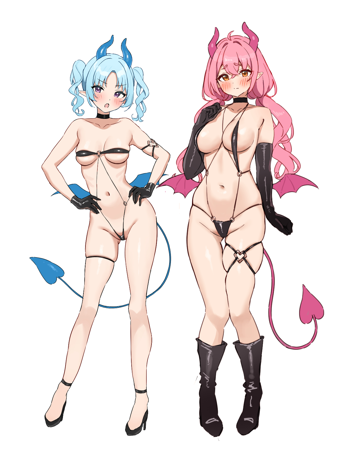 wanitaroo. (waniwani panic), original, commentary request, highres, 2girls, ahoge, areola slip, bare shoulders, bikini, black bikini, black boots, black choker, black gloves, black horns, black shoes, black tank top, black wings, blue eyes, blue hair, blue horns, blue tail, blue wings, blush, boots, breasts, choker, closed mouth, collarbone, contrapposto, demon girl, demon horns, demon tail, demon wings, drill hair, elbow gloves, full body, gloves, groin, hands on own hips, heart, heart o-ring, high heels, highleg, highleg bikini, horns, large breasts, legs, long hair, looking at viewer, low wings, medium breasts, micro bikini, multi-strapped bikini bottom, multicolored bikini, multiple girls, navel, o-ring, o-ring strap, o-ring thigh strap, open mouth, orange eyes, pigeon-toed, pink hair, shoes, simple background, skindentation, standing, stomach, swimsuit, tail, tank top, thigh strap, thighs, twin drills, twintails, white background, wings