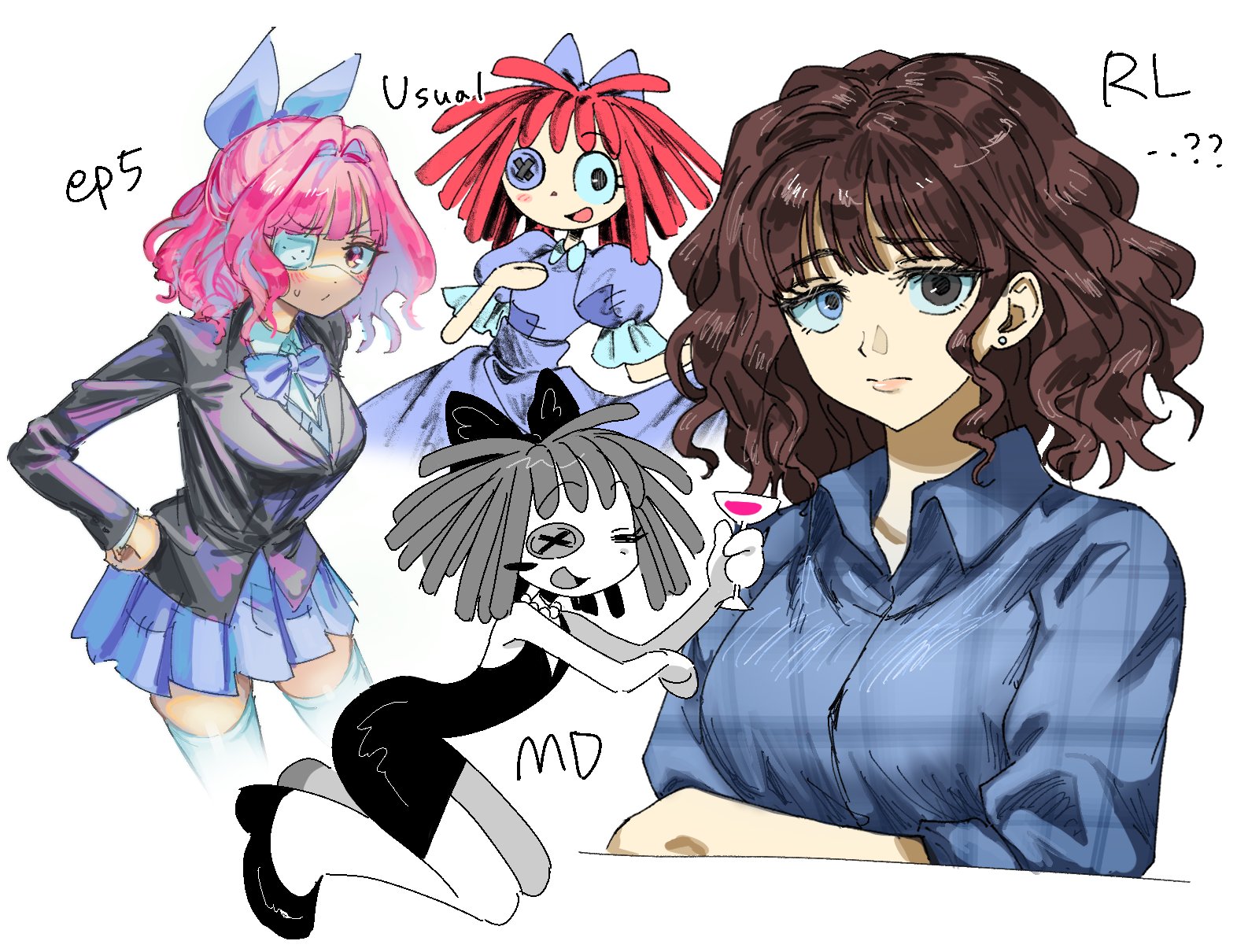 wktmqtj, ragatha (the amazing digital circus), the amazing digital circus, commentary, highres, symbol-only commentary, …, 4girls, :d, ?, ??, alcohol, bare arms, bare shoulders, black bow, black eyes, black jacket, black shoes, blazer, blue bow, blue bowtie, blue eyes, blue shirt, blue skirt, blue sweater, blush stickers, bow, bowtie, breasts, brown hair, buttons, closed eyes, closed mouth, collared dress, collared shirt, cropped legs, cropped torso, cup, dress, drinking glass, earrings, eyepatch, frilled sleeves, frills, frown, full body, grey eyes, groin, hair bow, hair intakes, hand on own chest, heterochromia, holding, holding cup, jacket, jewelry, kneeling, layered sleeves, leaning forward, medical eyepatch, medium breasts, medium hair, miniskirt, multiple girls, multiple persona, official alternate costume, one eye covered, open mouth, pencil dress, pink eyes, pink hair, plaid clothes, plaid shirt, pleated skirt, puffy short sleeves, puffy sleeves, purple bow, purple dress, red hair, red wine, school uniform, shirt, shoes, short dress, short sleeves, simple background, single blush sticker, skirt, smile, stud earrings, sweatdrop, sweater, swept bangs, thighhighs, v-shaped eyebrows, wavy hair, white background, white shirt, white thighhighs, wine, wine glass, zettai ryouiki
