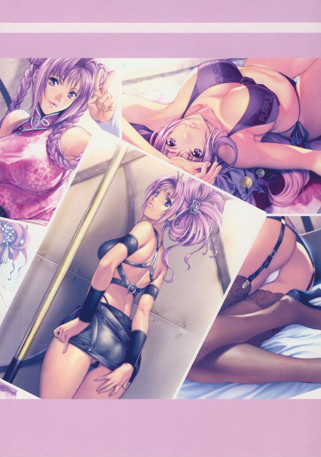 homare (fool's art), shizune (homare), original, highres, source request, 1girl, ass, bikini, braid, breasts, cleavage, collage, earrings, high heels, japanese clothes, jewelry, large breasts, long hair, looking back, miniskirt, multiple views, panties, pantyshot, purple eyes, purple hair, purple theme, shoes, side-tie bikini bottom, skirt, swimsuit, twin braids, underwear, upskirt