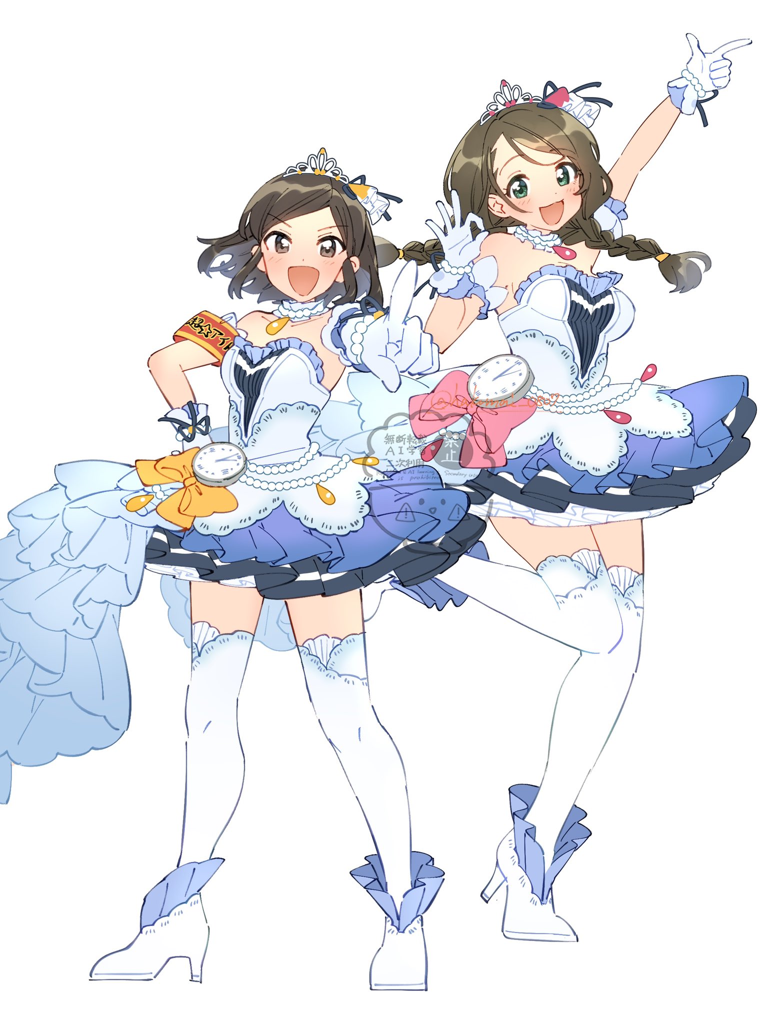 shisui (5830217), akanishi erika, saejima kiyomi, idolmaster, idolmaster cinderella girls, idolmaster cinderella girls starlight stage, highres, 2girls, brown hair, dress, frills, green eyes, grey hair, idol clothes, looking at viewer, multiple girls, purple eyes, shoes, simple background, smile, starry sky bright (idolmaster), strapless, strapless dress, thighhighs, tiara, white background, white dress