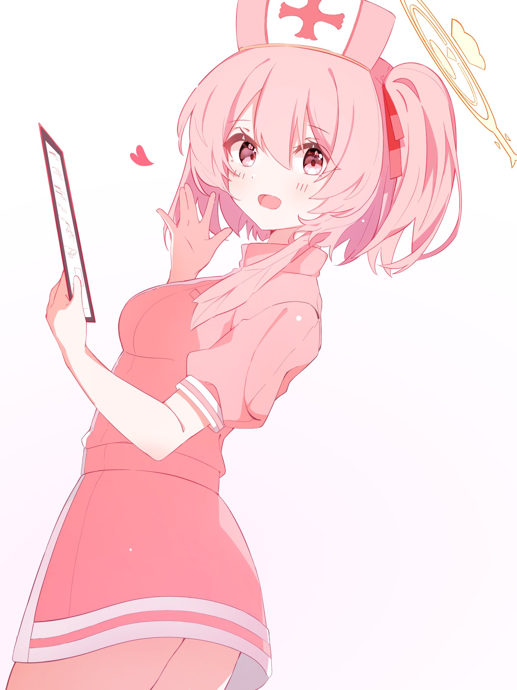 glimer3048, serina (blue archive), blue archive, highres, 1girl, blush, breasts, clipboard, dress, halo, hat, heart, holding, holding clipboard, looking at viewer, medium hair, nurse, nurse cap, open mouth, pink dress, pink eyes, pink hair, simple background, smile, solo, white background