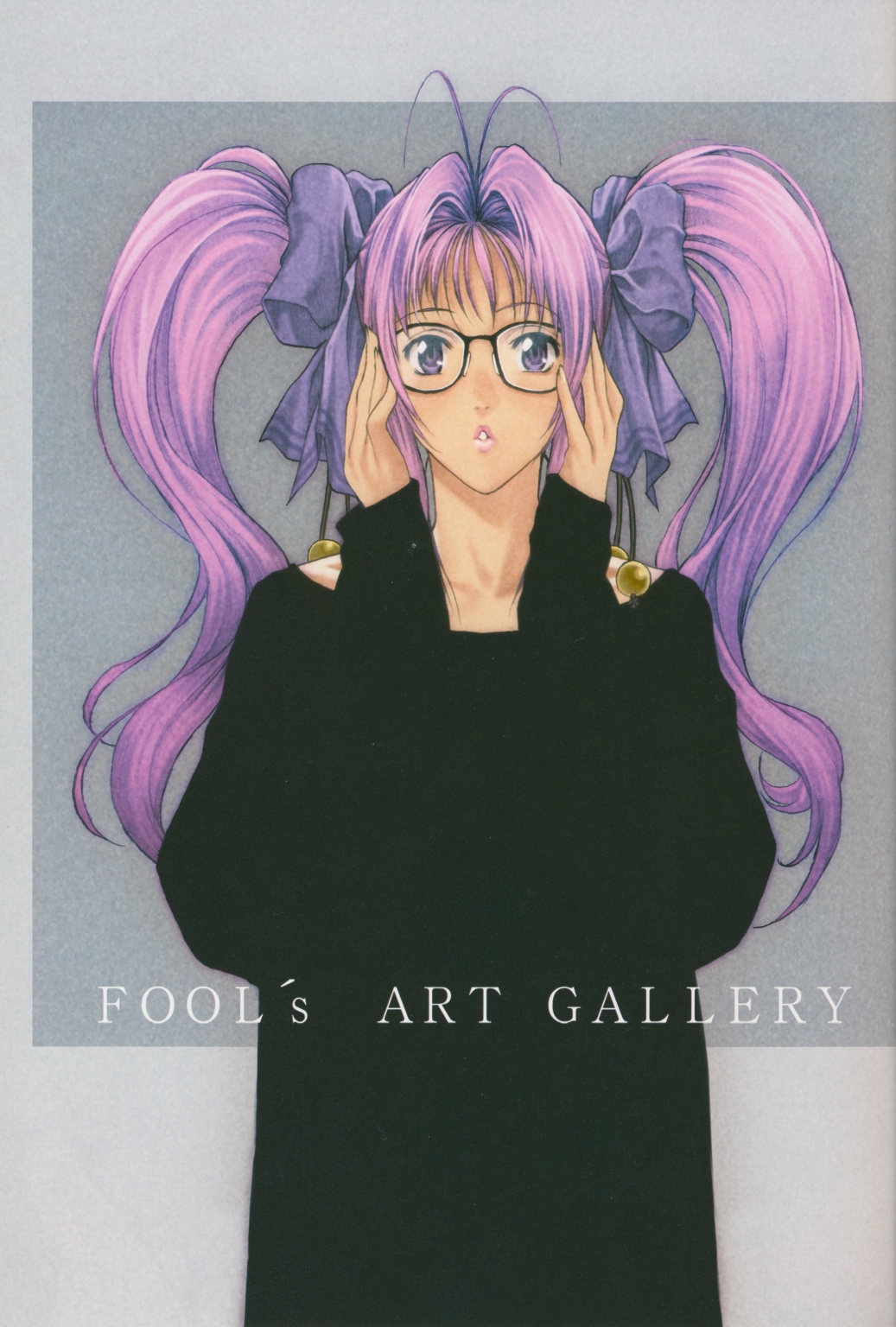 homare (fool's art), shizune (homare), original, highres, source request, 1girl, adjusting eyewear, antenna hair, bow, cover, cover page, dress, female focus, glasses, hair bow, hair intakes, lipstick, long hair, makeup, puckered lips, purple eyes, purple hair, purple lips, solo, sweater, sweater dress, symmetry, twintails