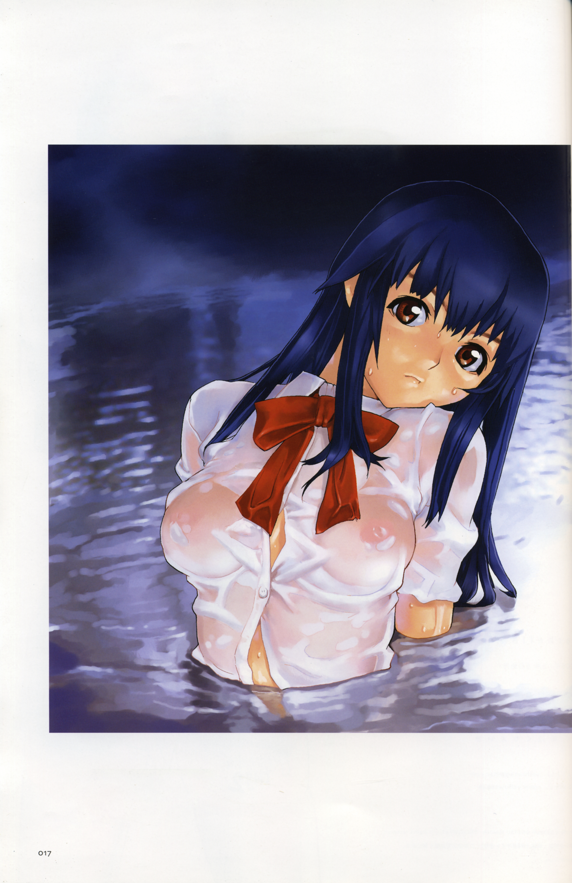 hakua ugetsu, parhelia, absurdres, highres, scan, blue hair, brown eyes, long hair, see-through clothes, solo, water, wet