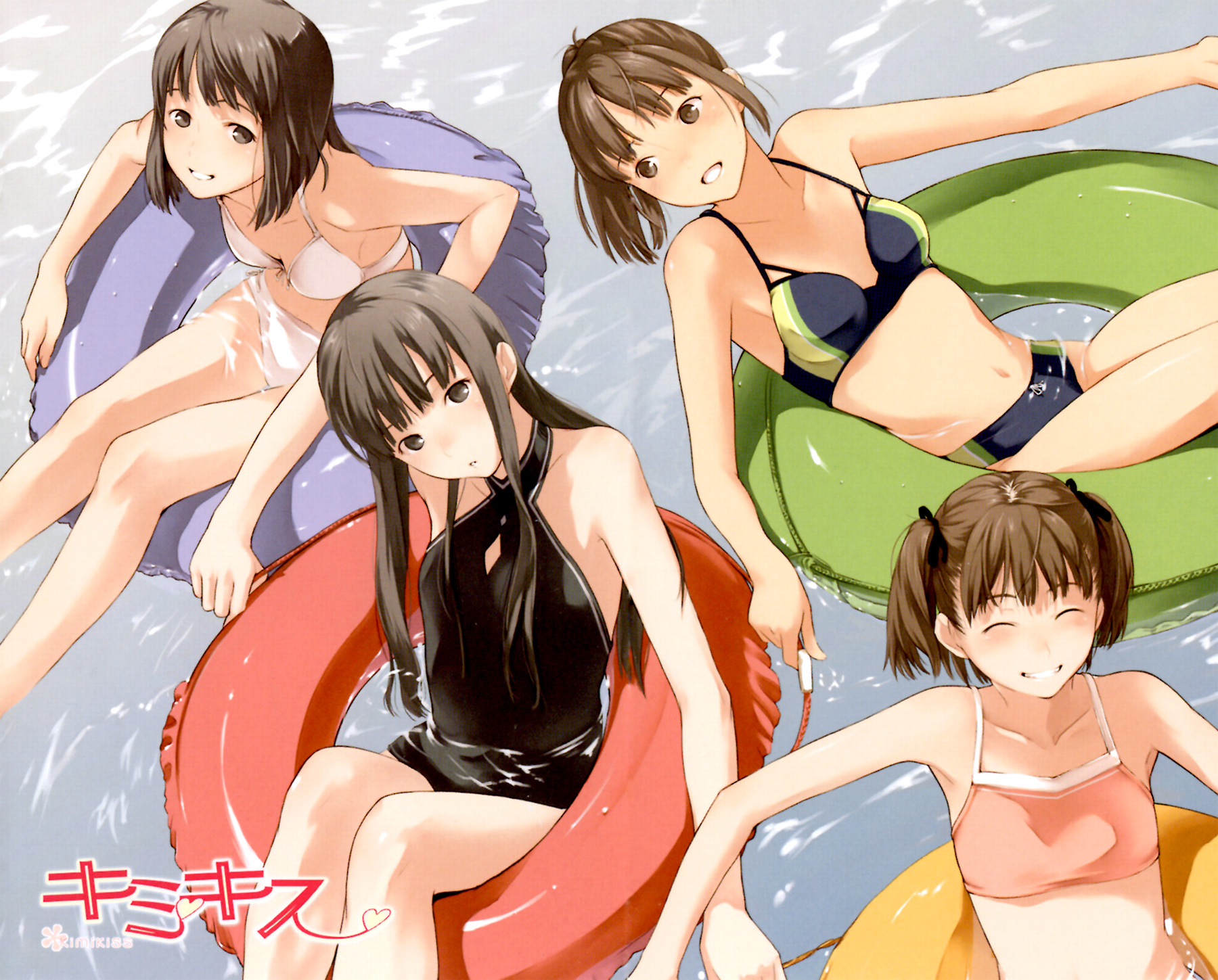 kamo (gafas), aihara nana, futami eriko, sakino asuka, shijou mitsuki, kimi kiss, highres, 4girls, bikini, multiple girls, one-piece swimsuit, swimsuit
