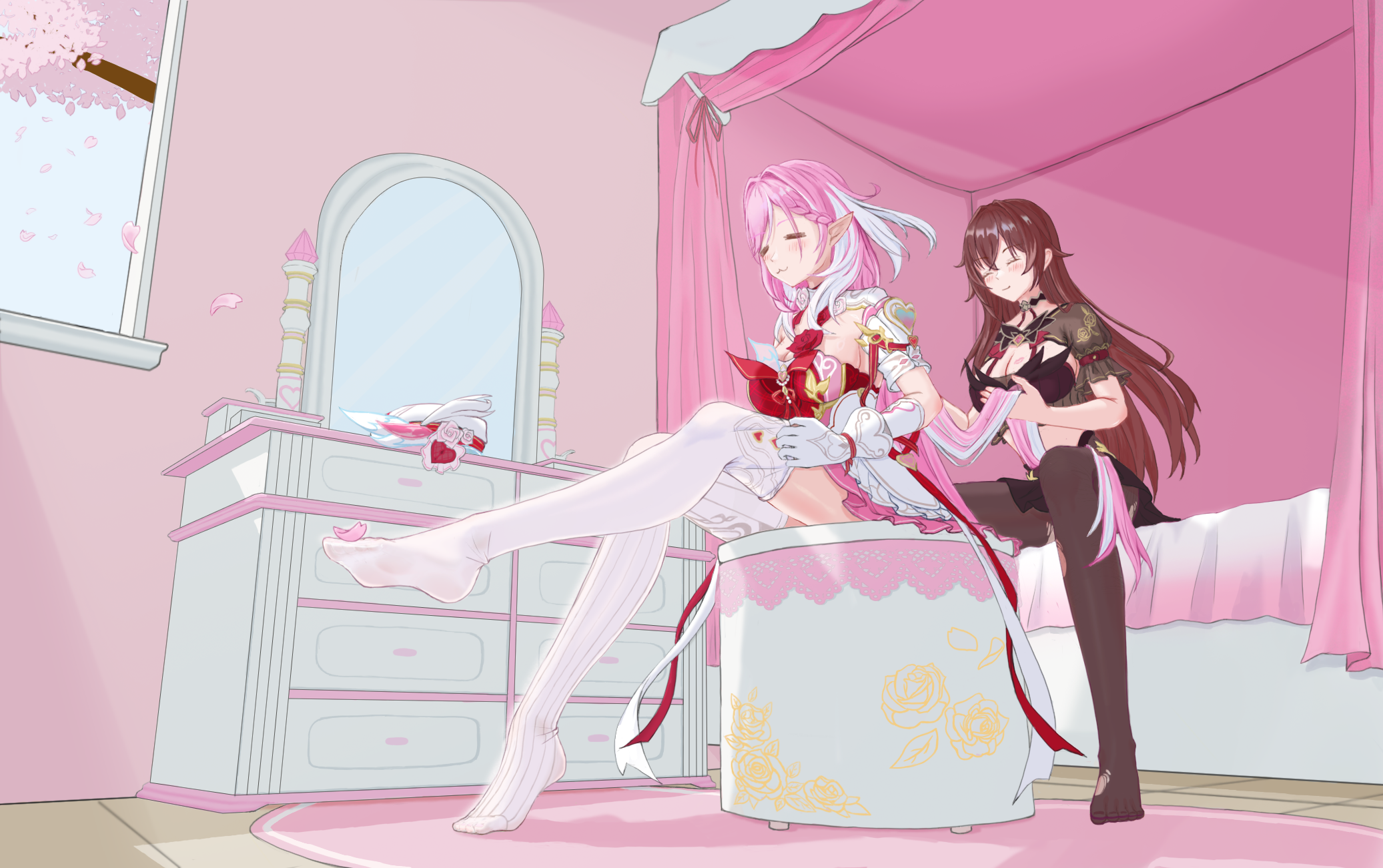eden (honkai impact), elysia (hi love elf) (honkai impact), elysia (honkai impact), honkai (series), honkai impact 3rd, chinese commentary, commentary request, highres, 2girls, black dress, black pantyhose, breasts, brown hair, cherry blossoms, cleavage, dress, elf, indoors, large breasts, long hair, mirror, multicolored hair, multiple girls, no shoes, on bed, pantyhose, pink hair, pointy ears, red dress, shelf, sitting, smile, thighhighs, toes, two-tone hair, very long hair, white hair, white thighhighs, yu feng hua