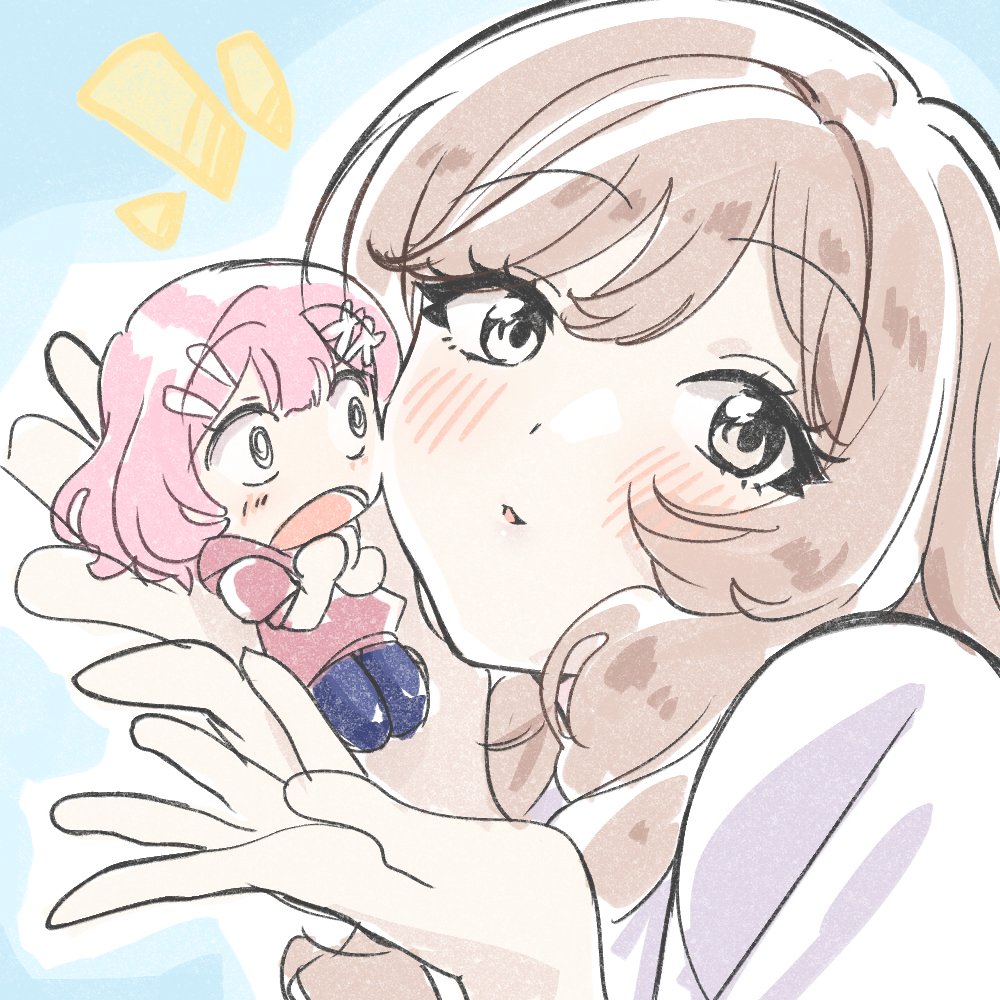 amaori renako, sena ajisai, watashi ga koibito ni nareru wake naijan murimuri!, @ @, blush, brown hair, chibi, face-to-face, hair ornament, holding chibi, open mouth, parted lips, pink hair