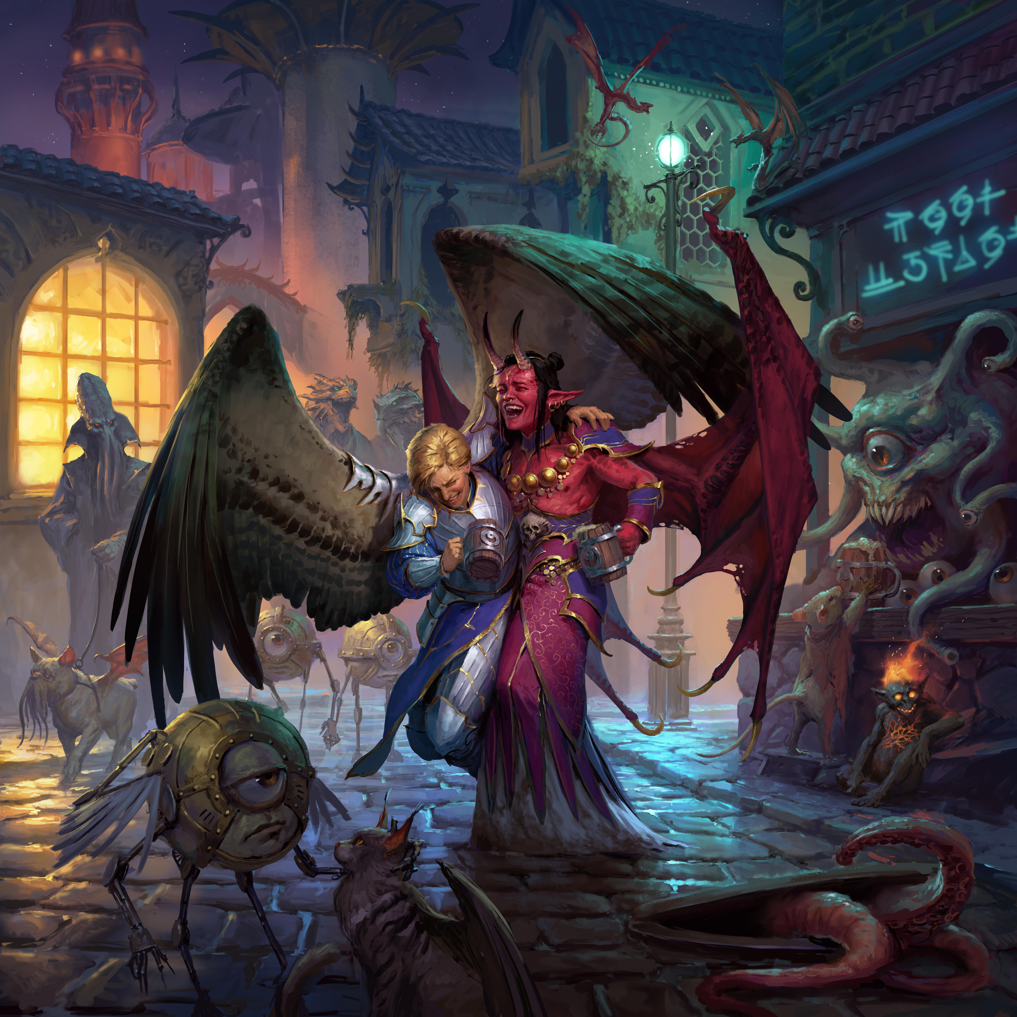 johan grenier, beholder, mindflayer, dungeons & dragons, dungeons & dragons, planescape: torment, absurdres, highres, :d, alcohol, angel, armor, beer, blonde hair, cat, colored skin, cup, demon boy, drunk, fantasy, horns, laughing, locked arms, mechanical wings, modron, mug, multiple boys, night, open mouth, outdoors, red skin, runes, smile, tentacles, tower, wings