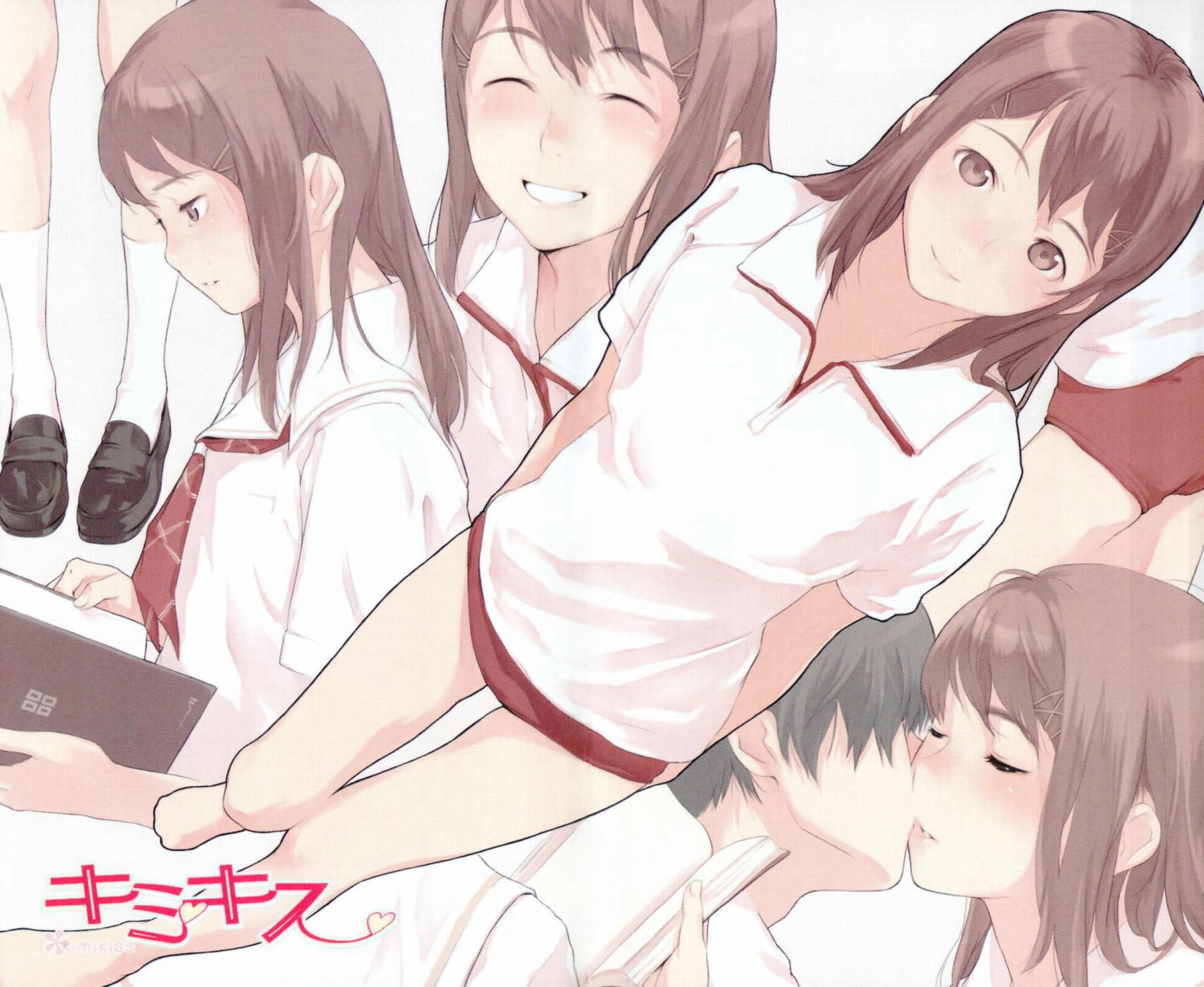 hoshino yuumi, kimi kiss, white legwear, highres, source request, 1boy, 1girl, 3d, blouse, book, buruma, full body, multiple views, necktie, portrait, school uniform, serafuku, shirt, socks, standing, upper body, white shirt
