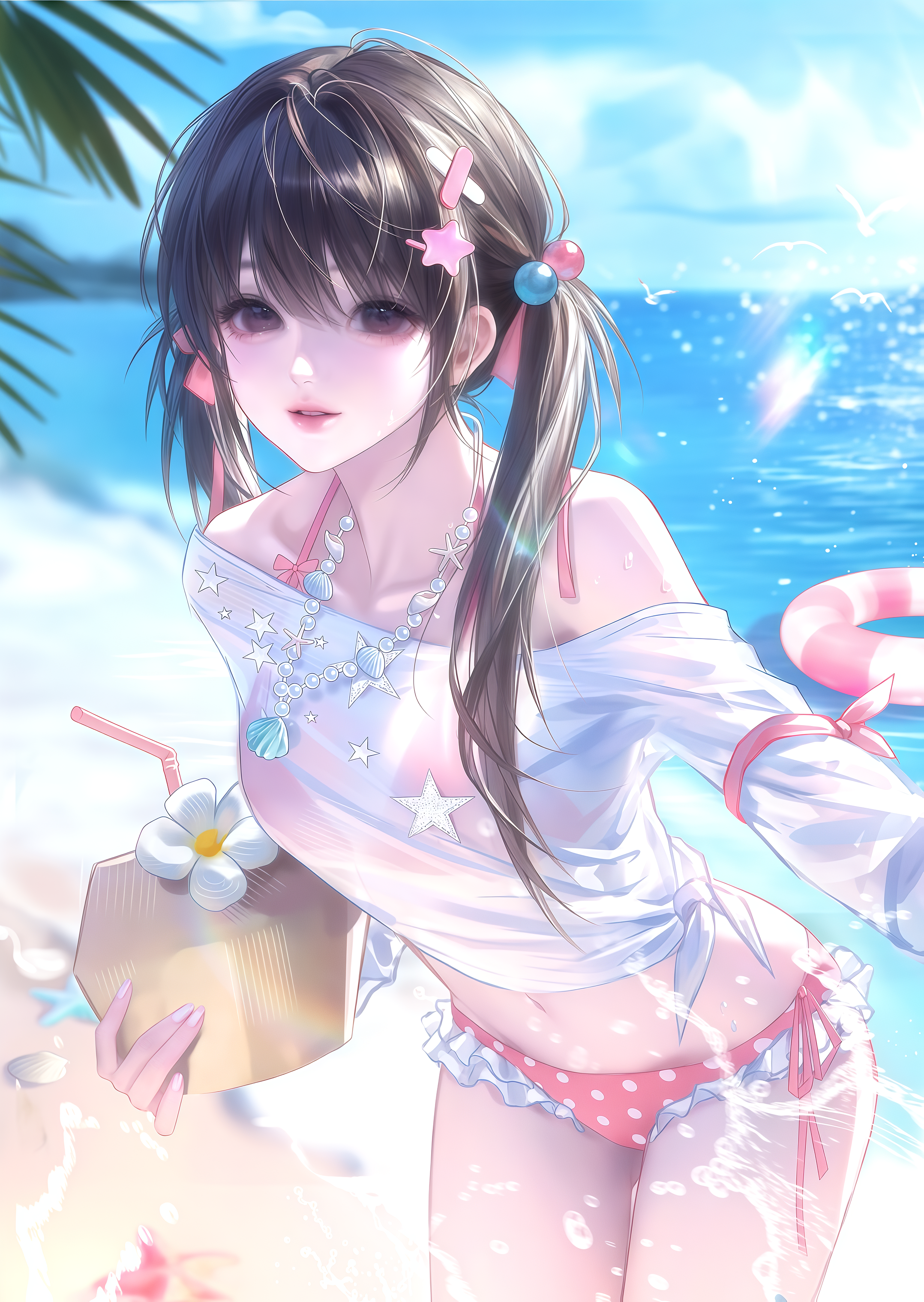 er keke er, original, absurdres, highres, 1girl, beach, bikini, black hair, day, drinking straw, flower, hair ornament, holding, jewelry, long hair, looking at viewer, navel, necklace, ocean, outdoors, shirt, solo, starfish, swimsuit, twintails, water