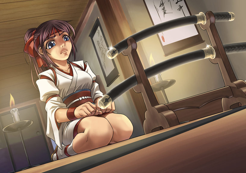 man (trance), black hair, blue eyes, hair ribbon, japanese clothes, katana, kneeling, ribbon, sitting, solo, sword, weapon