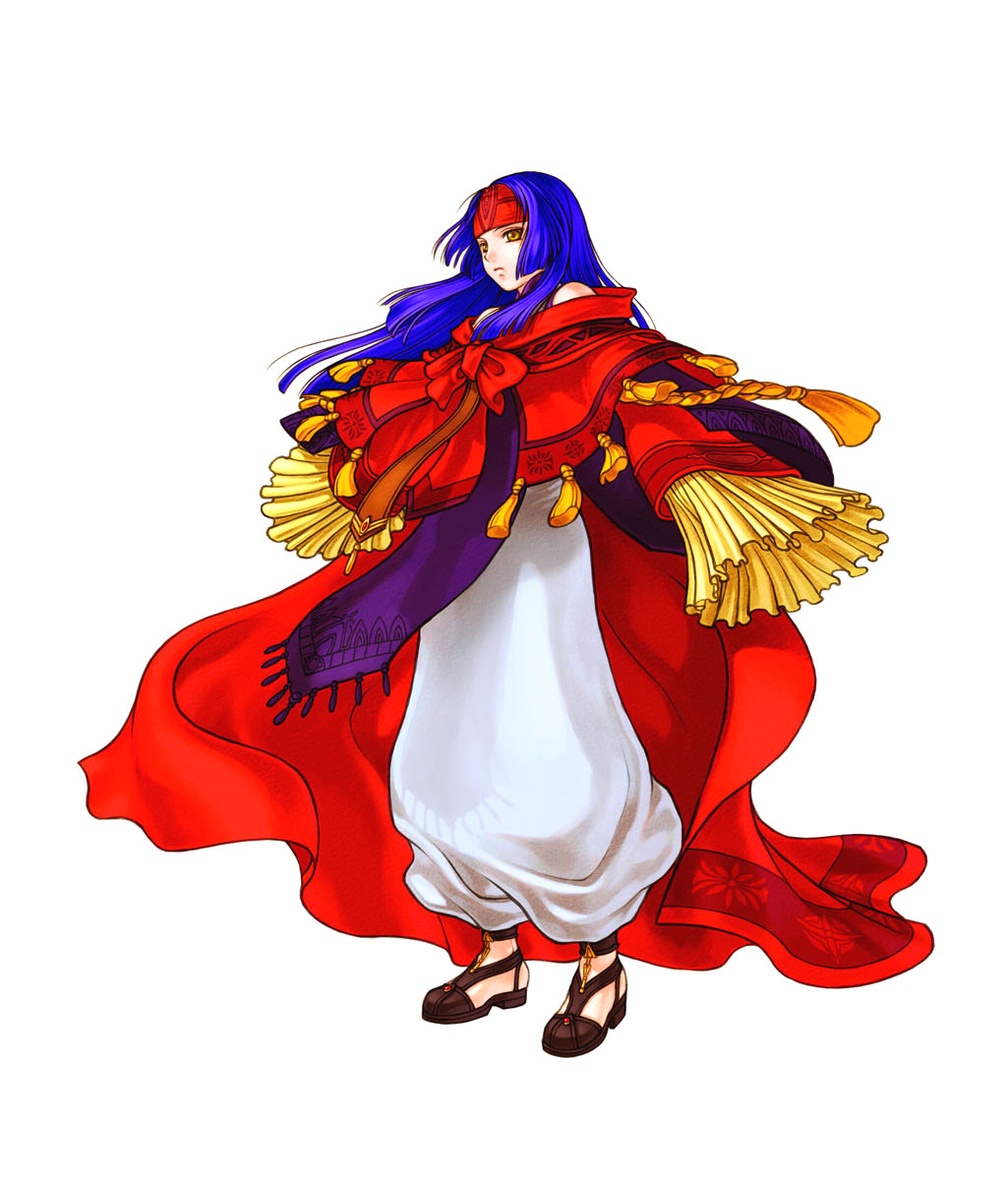 kita senri, sanaki kirsch altina, fire emblem, fire emblem: path of radiance, fire emblem: radiant dawn, nintendo, highres, official art, 1girl, cape, female focus, headband, long hair, purple hair, sandals, simple background, solo, white background, yellow eyes