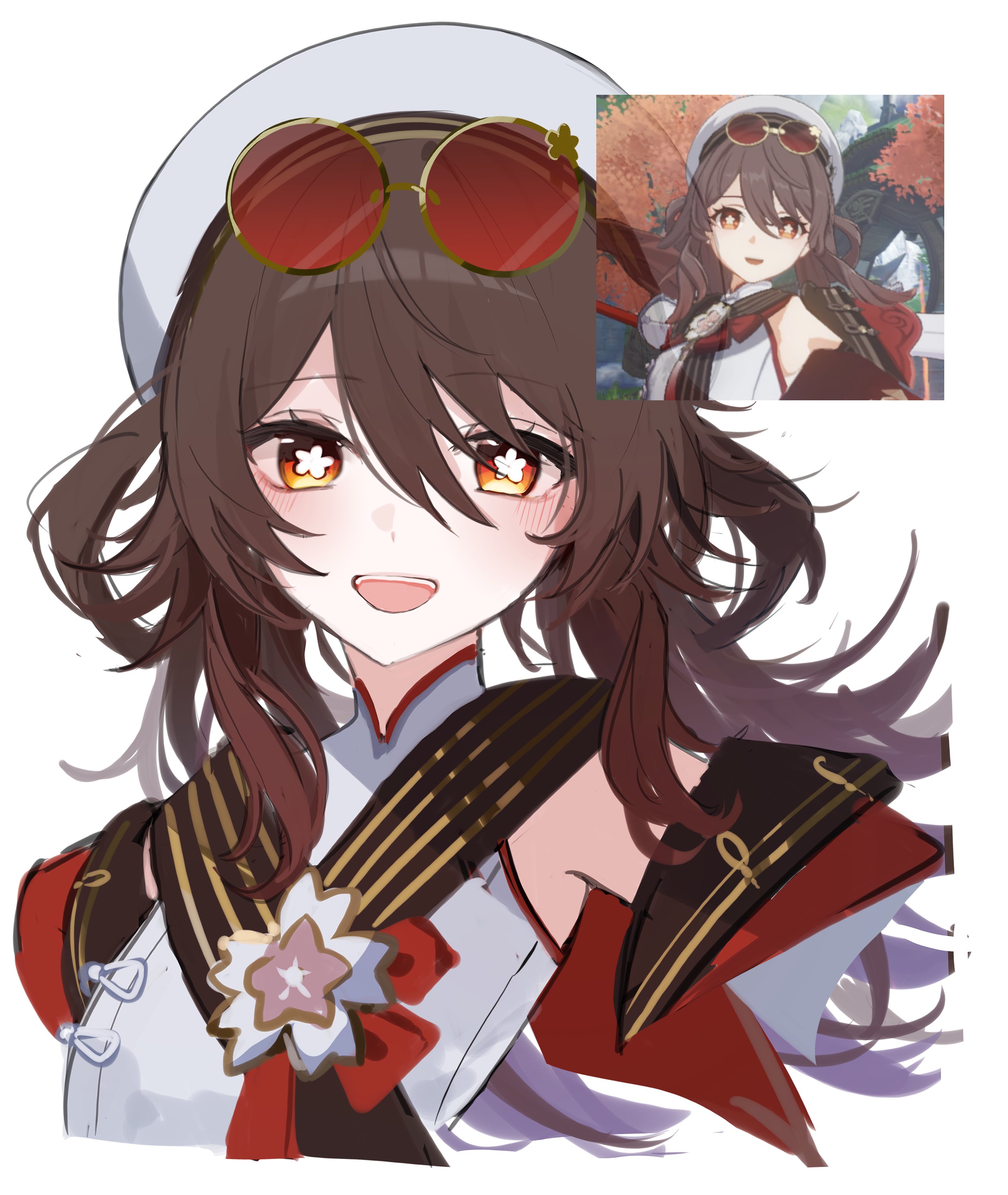 magnet 8 8, hu tao (cherries snow-laden) (genshin impact), hu tao (genshin impact), genshin impact, absurdres, highres, 1girl, beret, bright pupils, brown eyes, brown hair, dress, eyewear on head, flower-shaped pupils, game screenshot inset, hat, long hair, looking at viewer, open mouth, red-tinted eyewear, round eyewear, simple background, solo, symbol-shaped pupils, tinted eyewear, upper body, white background, white dress, white hat, white pupils