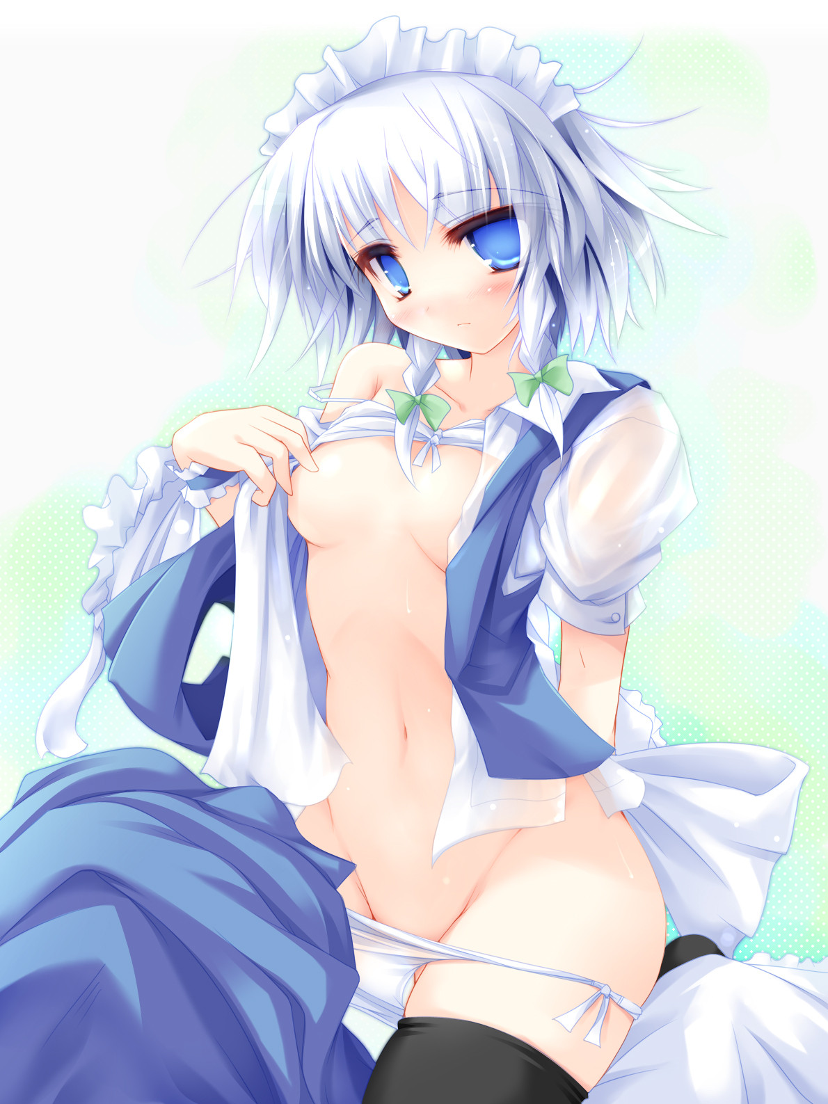 ai takurou, izayoi sakuya, touhou, silver hair, highres, 1girl, blue eyes, blush, breasts, female focus, frown, groin, maid, midriff, navel, open clothes, open shirt, panties, panty pull, ribbon, shirt, short hair, sitting, solo, sweat, thighhighs, underwear, undressing