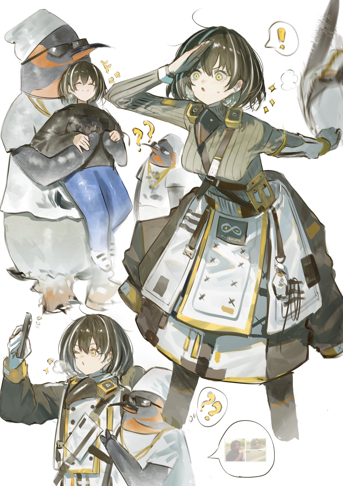 lunifish, emperor (arknights), magallan (arknights), magallan (elite ii) (arknights), arknights, highres, !, 1boy, 1girl, ?, bird, brown hair, brown sweater, coat, long sleeves, medium hair, multicolored hair, multiple views, penguin, shirt, simple background, streaked hair, sunglasses, sweater, white background, white coat, white hair, white shirt, yellow eyes