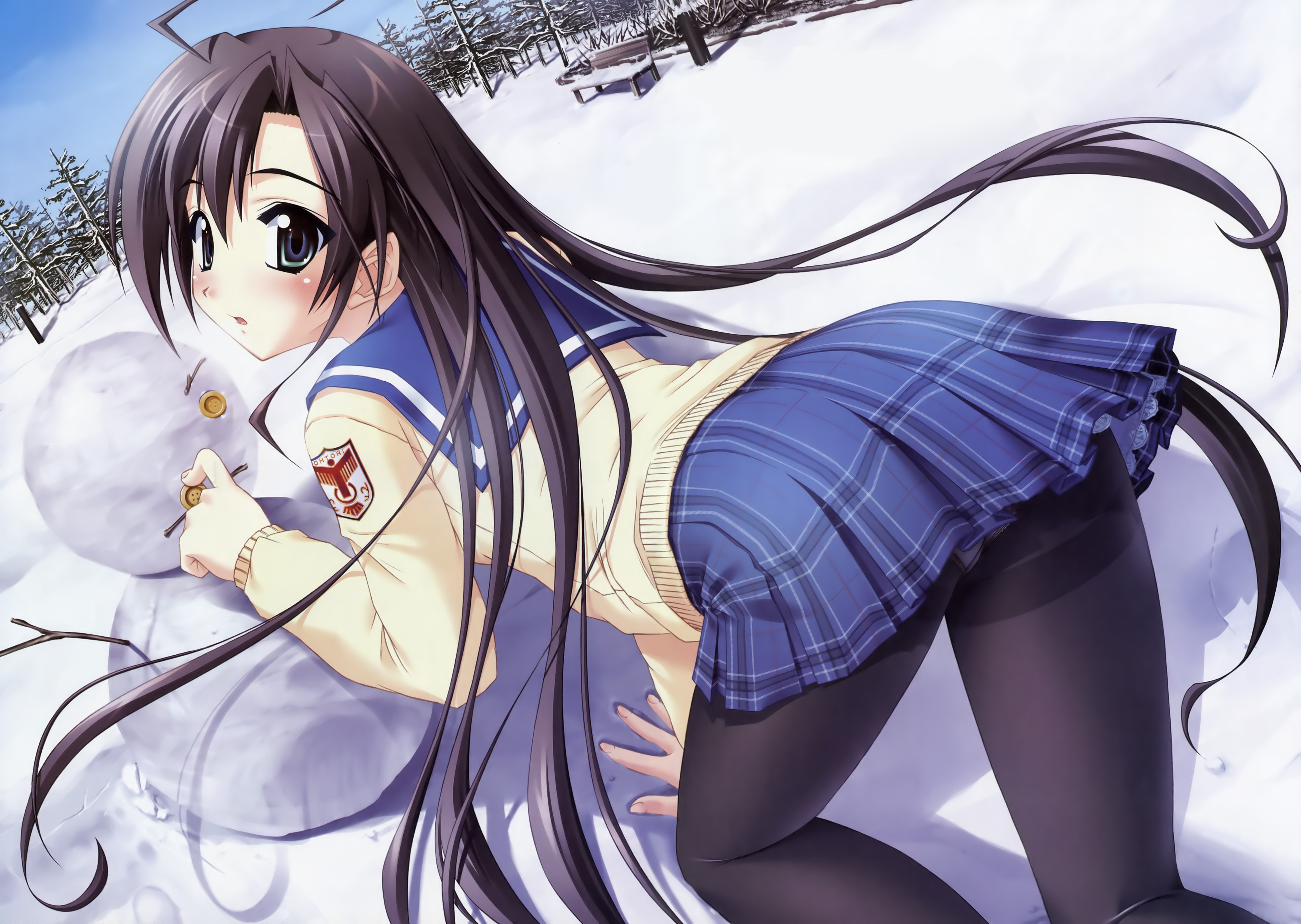 yamino kenji, miyazono mashiro, mashiro botan, absurdres, highres, 1girl, ahoge, black hair, blush, day, female focus, green eyes, long hair, open mouth, panties, panties under pantyhose, pantyhose, pantyshot, plaid clothes, plaid skirt, school uniform, serafuku, skirt, sky, snow, snowman, solo, thighband pantyhose, tree, underwear, upskirt, very long hair, winter