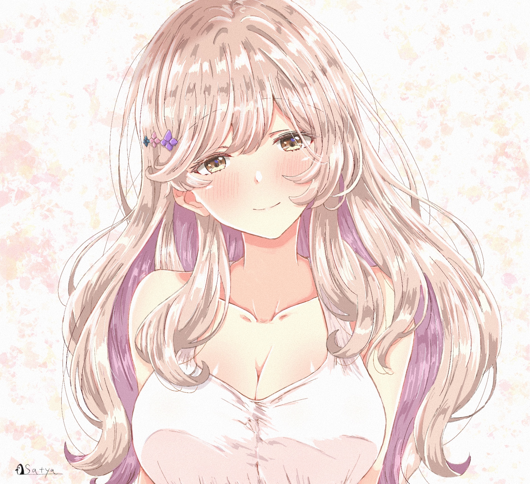 satya, sena ajisai, watashi ga koibito ni nareru wake naijan murimuri!, highres, 1girl, artist name, blush, breasts, brown hair, cleavage, collarbone, flower hairpin, large breasts, long hair, smile, solo, upper body, wavy hair