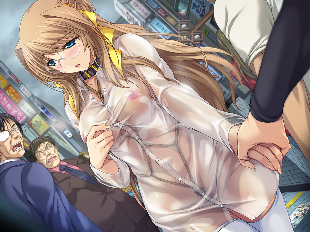 onigirikun, kouenji sayuka, choukou (alicesoft), choukou tenshi escalayer, game cg, large variant set, non-web source, official art, variant set, 1girl, 4boys, bdsm, blue eyes, blush, bondage, bound, breast bondage, breasts, brown hair, collar, covered erect nipples, crotch rope, dutch angle, exhibitionism, female pubic hair, glasses, hair ribbon, hetero, holding hands, large breasts, long hair, multiple boys, nipples, no bra, open mouth, outdoors, pubic hair, public indecency, public nudity, ribbon, rope, see-through clothes, shibari, slave, solo focus, thighhighs, white thighhighs