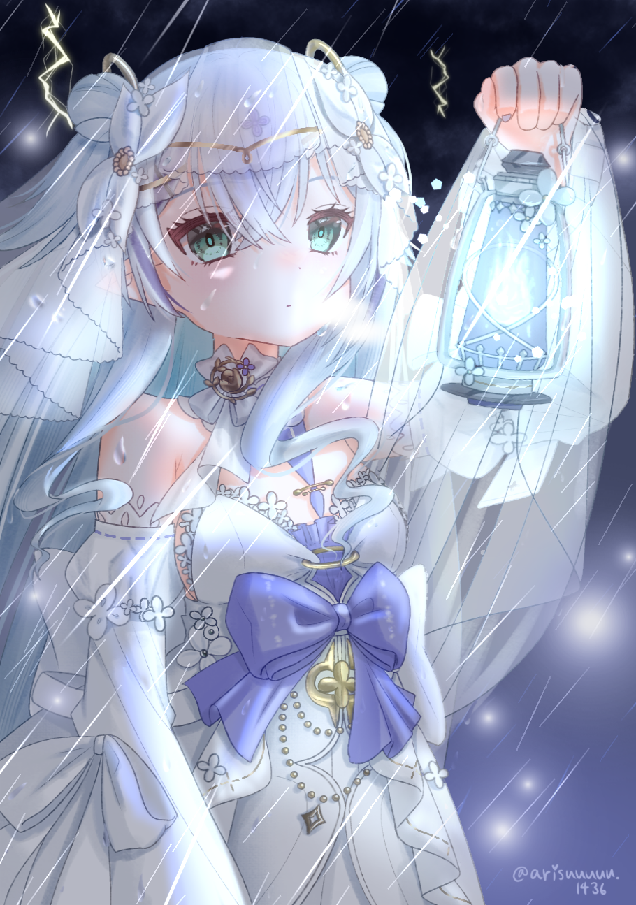 arisuuuuu.1436, nijisanji, virtuareal, highres, 1girl, cloud, cloudy sky, dress, kioi (virtuareal), lantern, lightning, long pointy ears, night, pointy ears, rain, ribbon, sky, virtual youtuber, wind