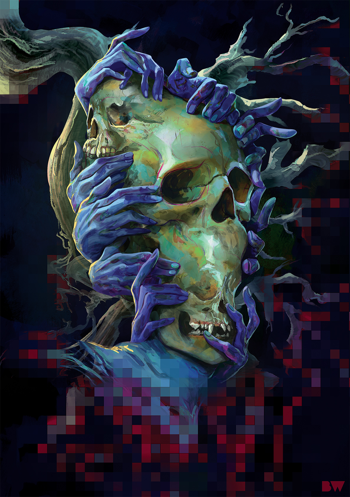 original, highres, blue skin, branch, burden walker, censored, colored skin, deformed, eldritch abomination, logo, mosaic censoring, no humans, skull