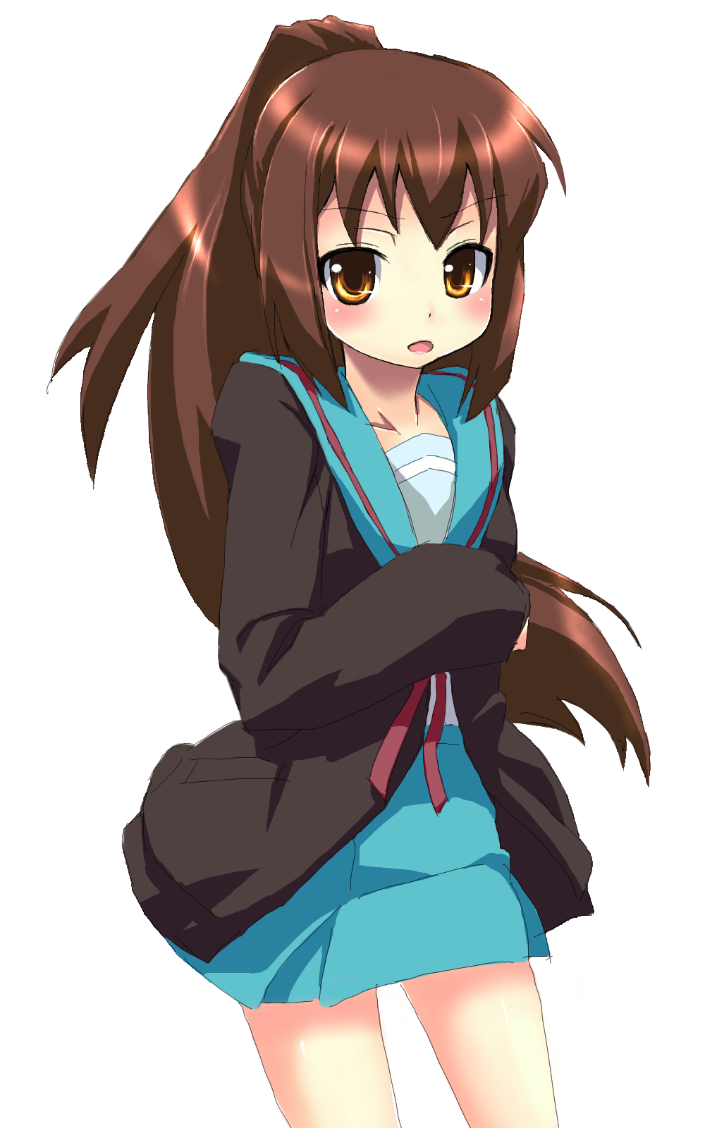 grune, kyonko, suzumiya haruhi no yuuutsu, bad id, bad pixiv id, gender request, highres, 00s, 1girl, blush, brown eyes, brown hair, female focus, genderswap, long hair, ponytail, school uniform, serafuku, simple background, solo