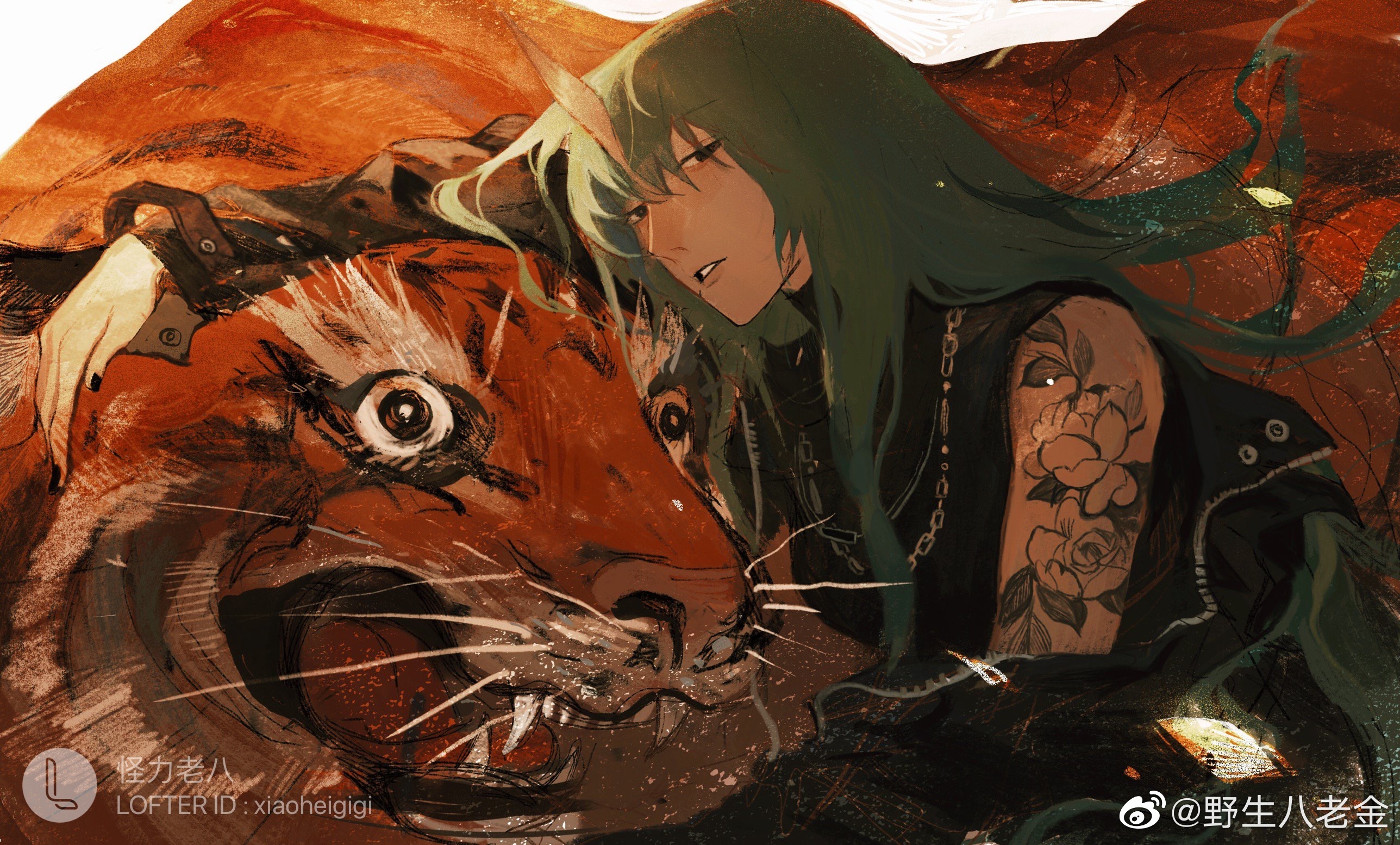 guaili bajin, hoshiguma (arknights), arknights, highres, 1girl, animal, arm tattoo, black eyes, black jacket, black nails, black shirt, green hair, horns, jacket, jewelry, lofter username, long hair, looking at viewer, necklace, parted lips, shirt, single horn, solo, tattoo, tiger, very long hair