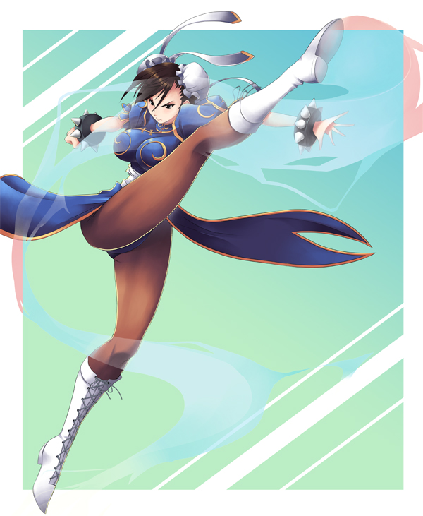 koflif, chun-li, capcom, street fighter, bad id, bad pixiv id, 1girl, bun cover, china dress, chinese clothes, double bun, dress, female focus, hair bun, high kick, kicking, pantyhose, pelvic curtain, solo