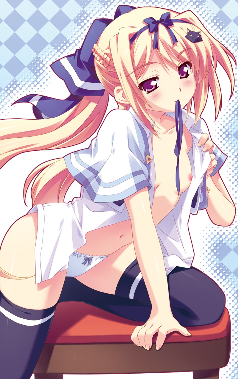 kusukusu, lulli, sakura strasse, highres, 1girl, blonde hair, blush, breasts, female focus, loli, long hair, mouth hold, nipples, open clothes, open shirt, panties, purple eyes, shirt, small breasts, solo, thighhighs, underwear