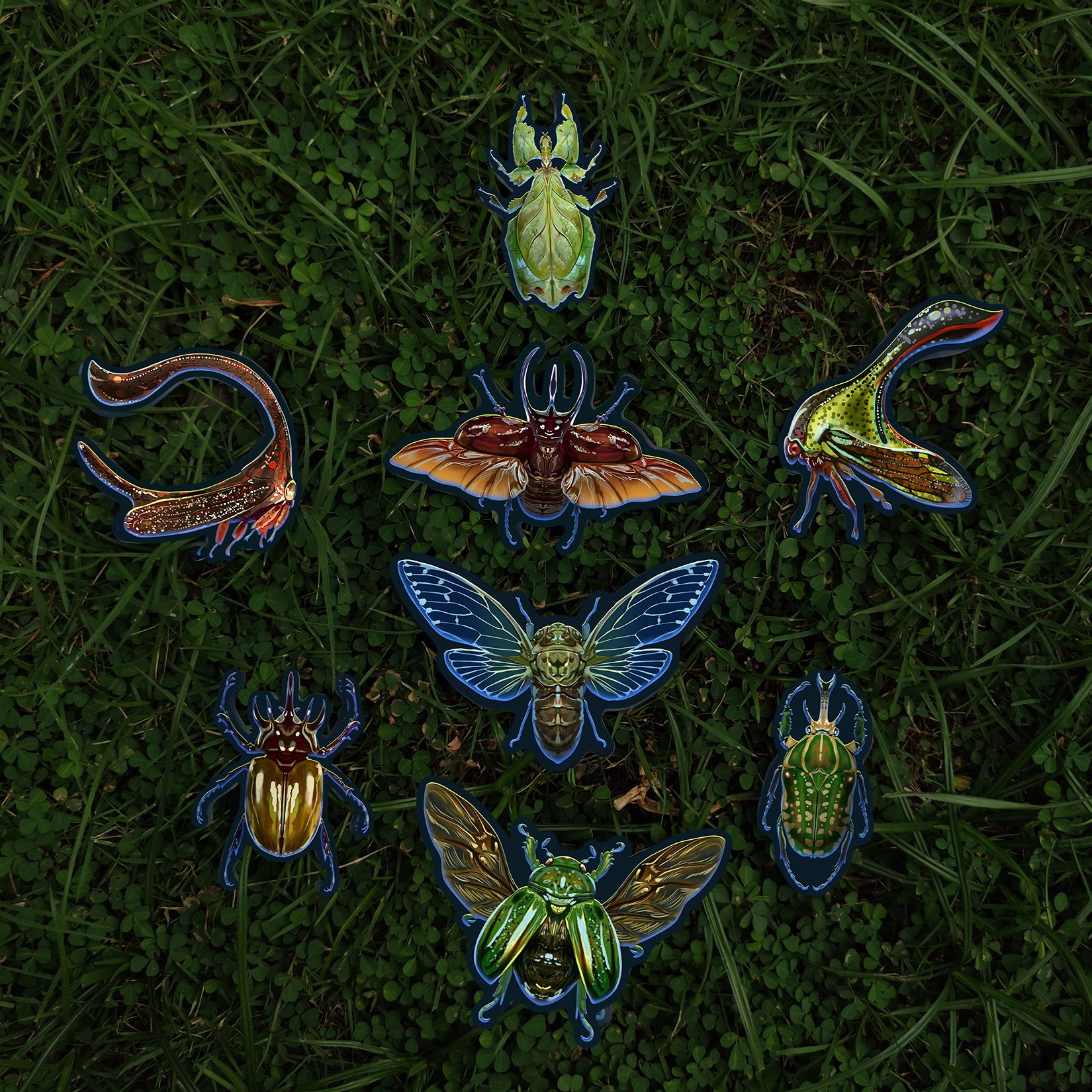 original, highres, animal focus, arthropod limbs, beetle, blue eyes, bug, burden walker, chitin, fly, grass, insect, on grass, photo background, red eyes, rhinoceros beetle, shell