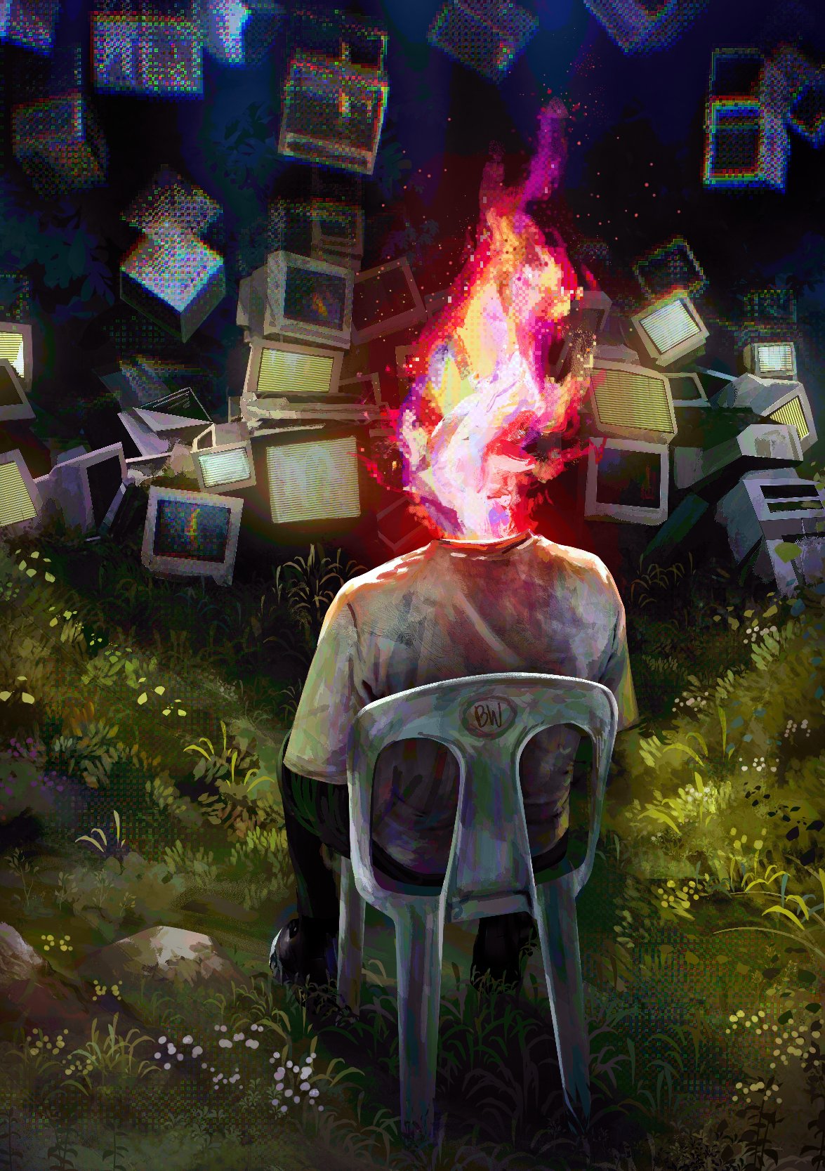 original, highres, 1other, burden walker, chair, computer, falling, fire, flaming head, grass, monitor, on chair, shirt, sitting, solo, white shirt