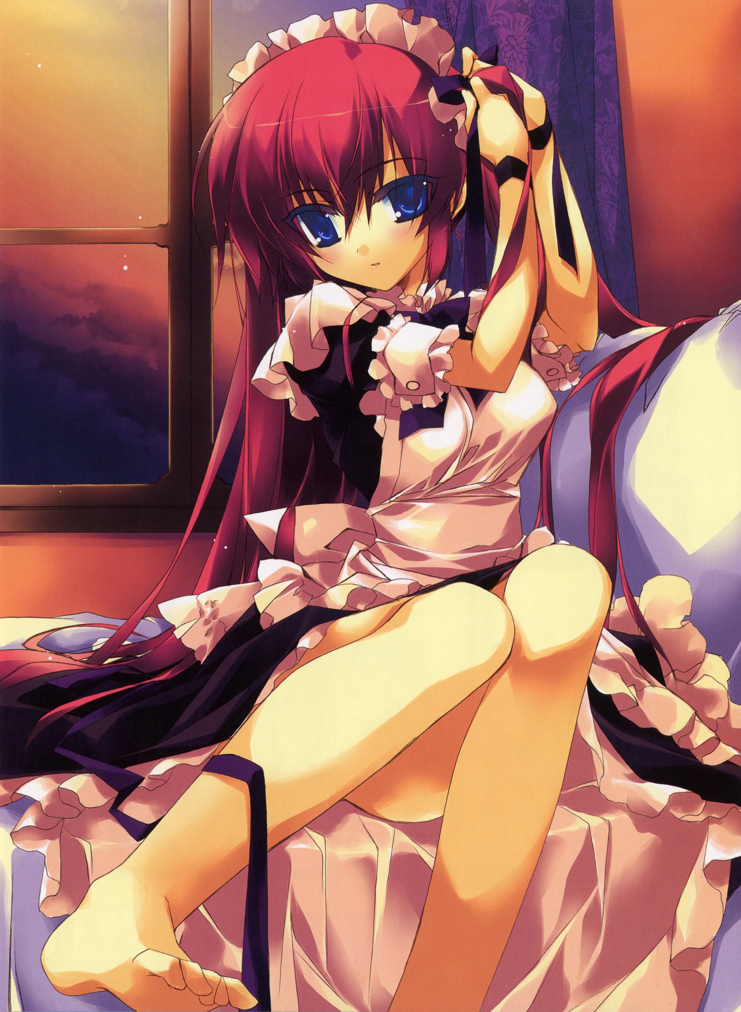 minazuki haruka, absurdres, highres, barefoot, bed, blue eyes, blush, cloud, feet, hair ribbon, long hair, maid, night, red hair, ribbon, sitting, sky, solo, star (symbol), very long hair