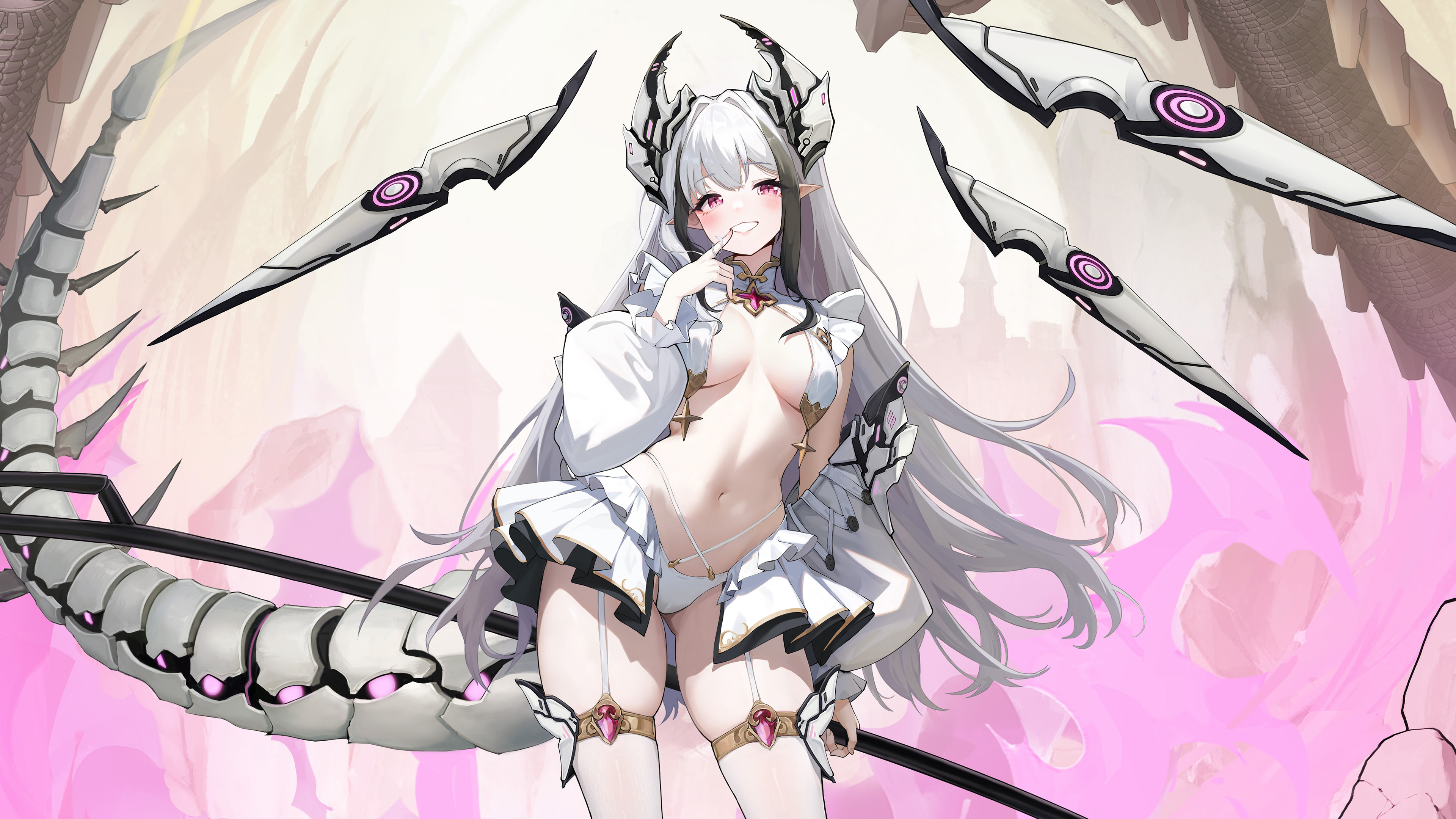 echocalypse, absurdres, artist request, highres, official art, 1girl, black hair, breast curtains, breasts, detached sleeves, garter straps, hair intakes, headgear, holding, linea alba, long hair, mechanical tail, mel (echocalypse), multicolored hair, navel, panties, pointy ears, purple eyes, sidelocks, slit pupils, solo, streaked hair, tail, thighhighs, underwear, white garter straps, white hair, white panties, white sleeves, white thighhighs