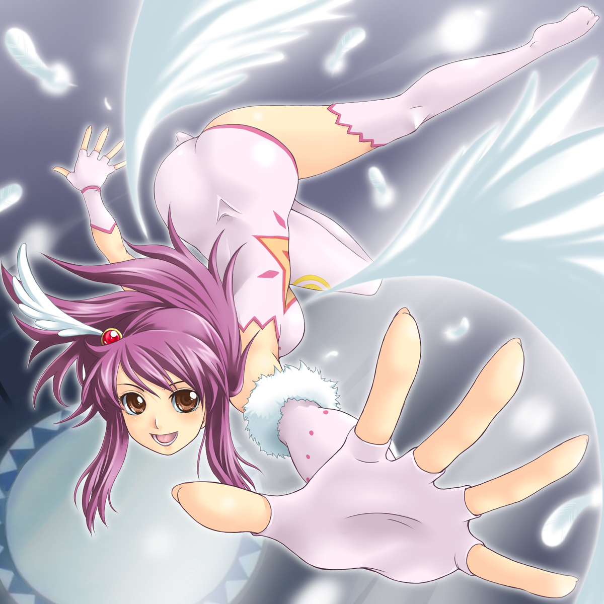 yaso shigeru, naegino sora, kaleido star, highres, 00s, asymmetrical clothes, brown eyes, feathers, fingerless gloves, gloves, head wings, long hair, pink hair, purple hair, single thighhigh, solo, thighhighs, wings