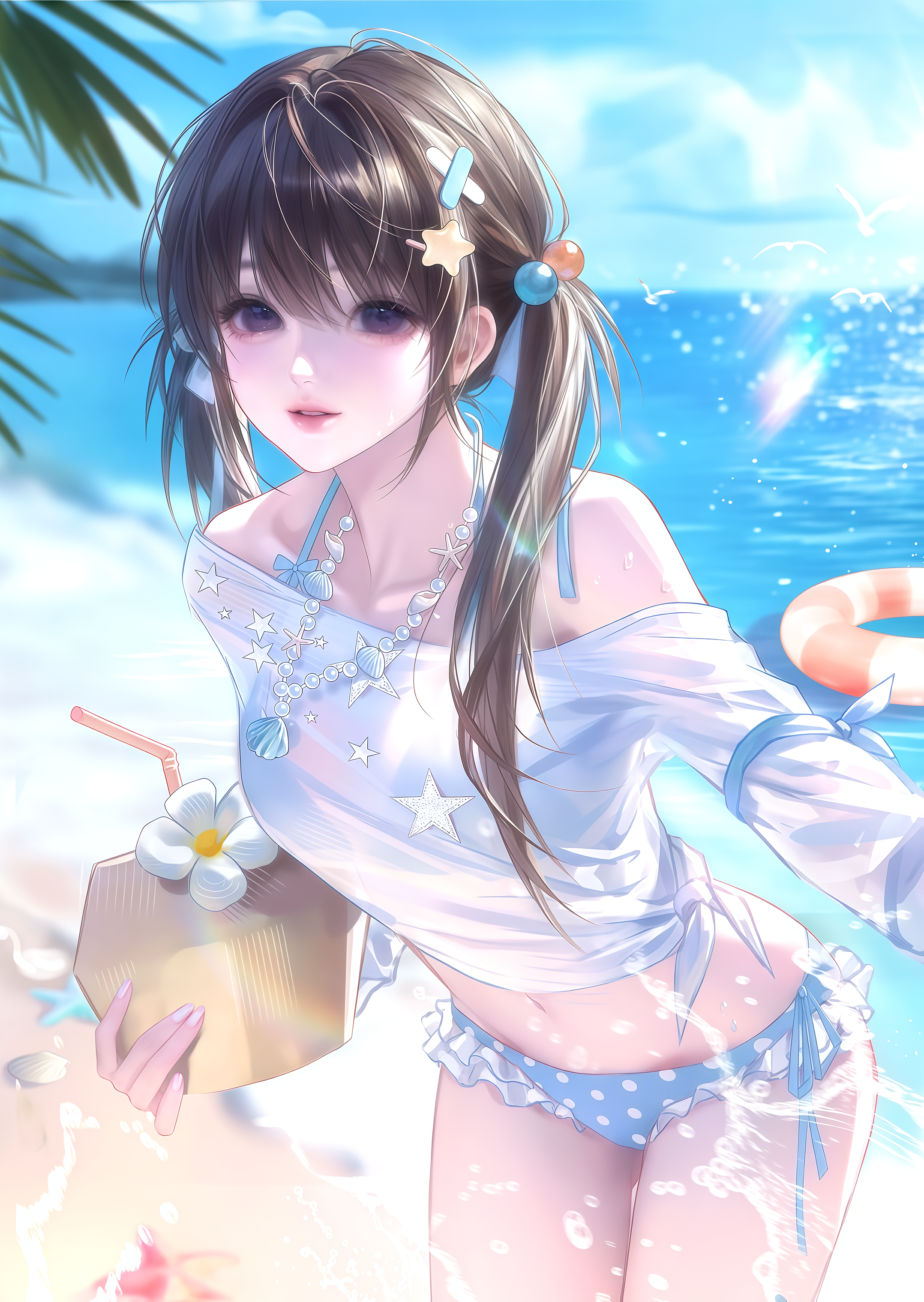 er keke er, original, absurdres, highres, 1girl, beach, bikini, black hair, blue bikini, brown hair, day, drinking straw, flower, hair ornament, holding, innertube, jewelry, long hair, looking at viewer, navel, necklace, ocean, outdoors, polka dot, shirt, solo, starfish, swim ring, swimsuit, twintails, water, white shirt