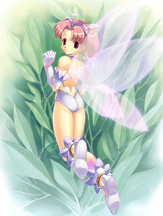 uchiu kazuma, original, 1girl, bare shoulders, fairy, female focus, flying, foreshortening, gloves, looking back, mini person, minigirl, nature, pink hair, smile, solo, twintails, wings