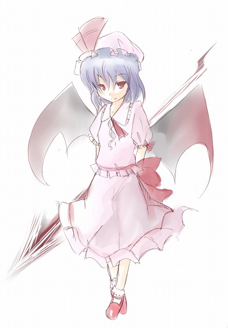 ogu, remilia scarlet, touhou, 1girl, female focus, full body, hat, red eyes, skirt, solo, white background, wings