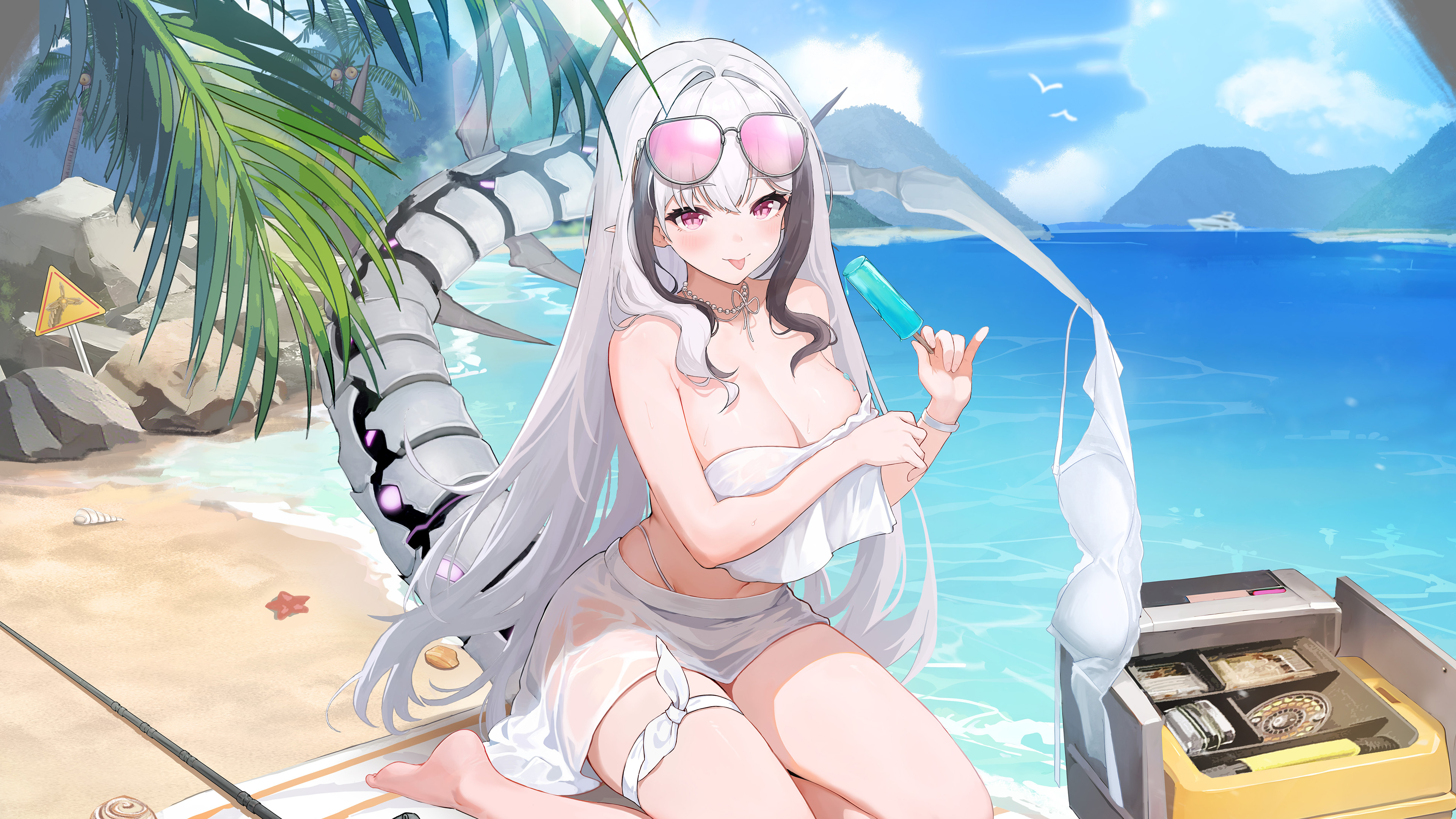 echocalypse, absurdres, artist request, highres, official art, 1girl, :p, bare shoulders, beach, bikini, black hair, breasts, cleavage, eyewear on head, food, holding, holding food, holding popsicle, kneeling, long hair, mechanical tail, mel (echocalypse), multicolored hair, ocean, pink-tinted eyewear, pointy ears, popsicle, purple eyes, sarong, shell, sign, solo, starfish, streaked hair, sunglasses, swimsuit, tail, tinted eyewear, tongue, tongue out, unworn bikini top, white bikini, white hair, white sarong