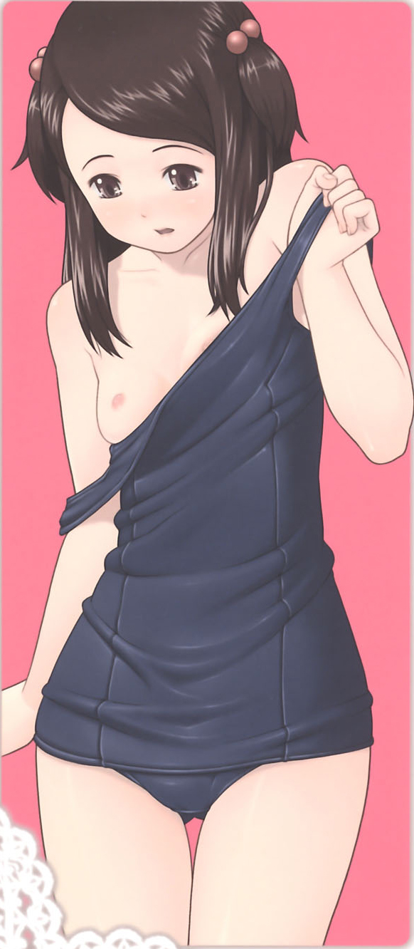 sakurafubuki nel, highres, 1girl, brown hair, female focus, flat chest, hip focus, nipples, one-piece swimsuit, school swimsuit, solo, swimsuit, undressing, wide hips