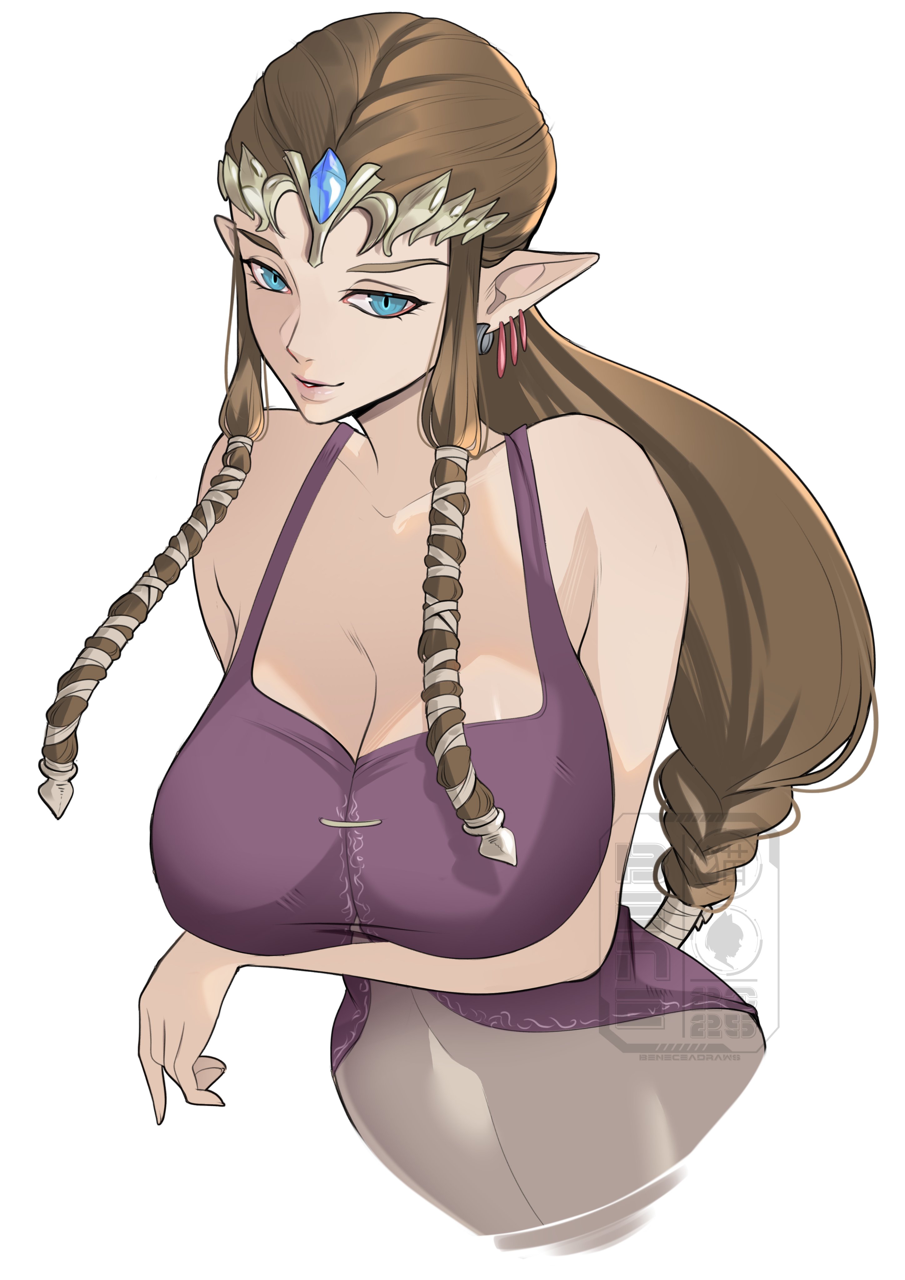 beneceadraws, princess zelda, nintendo, the legend of zelda, the legend of zelda: twilight princess, absurdres, highres, 1girl, alternate breast size (larger), arm under breasts, bare shoulders, blue eyes, breasts, brown hair, cleavage, dress, hair tubes, large breasts, long hair, looking at viewer, parted lips, pointy ears, sleeveless, sleeveless dress, smile, solo, white background