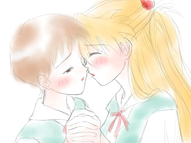 ikari shinji, shin-chan (evangelion), souryuu asuka langley, neon genesis evangelion, gender request, 2girls, blush, brown eyes, brown hair, genderswap, kiss, long hair, multiple girls, red hair, saliva, school uniform, serafuku, short hair, yuri