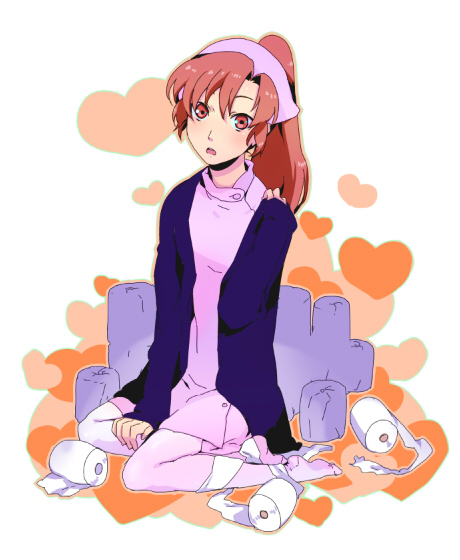 numeri, bad id, bad pixiv id, kneeling, long hair, nurse, pantyhose, ponytail, solo, toilet paper