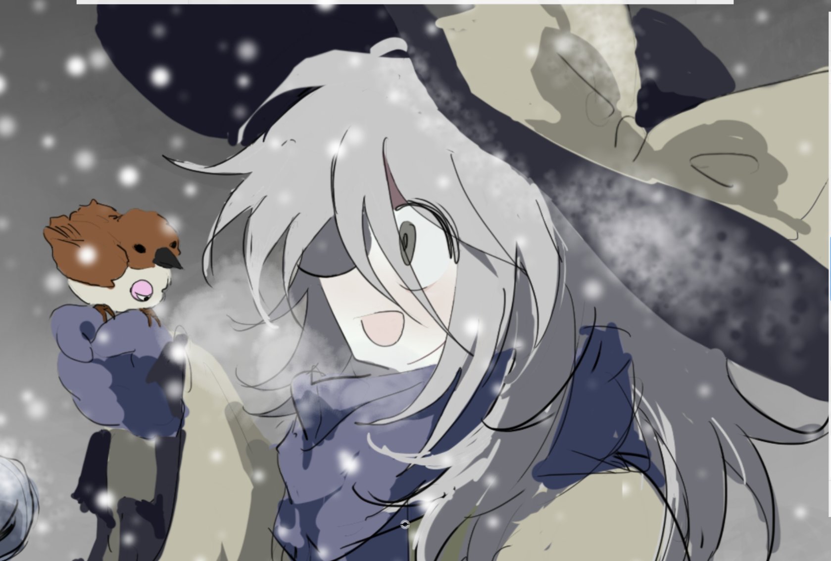 memojang, komeiji koishi, koishi komeiji's heart-throbbing adventure, touhou, highres, 1girl, :d, animal, bird, bird on hand, black hat, blue gloves, blue scarf, bow, breath, brown bird, gloves, grey background, grey eyes, grey hair, hair between eyes, hand up, hat, hat bow, large bow, long hair, long hair between eyes, long sleeves, looking ahead, looking at animal, open mouth, portrait, profile, scarf, smile, snowing, solo, sparrow, third eye, wide-eyed, wide sleeves, winter clothes, yellow bow