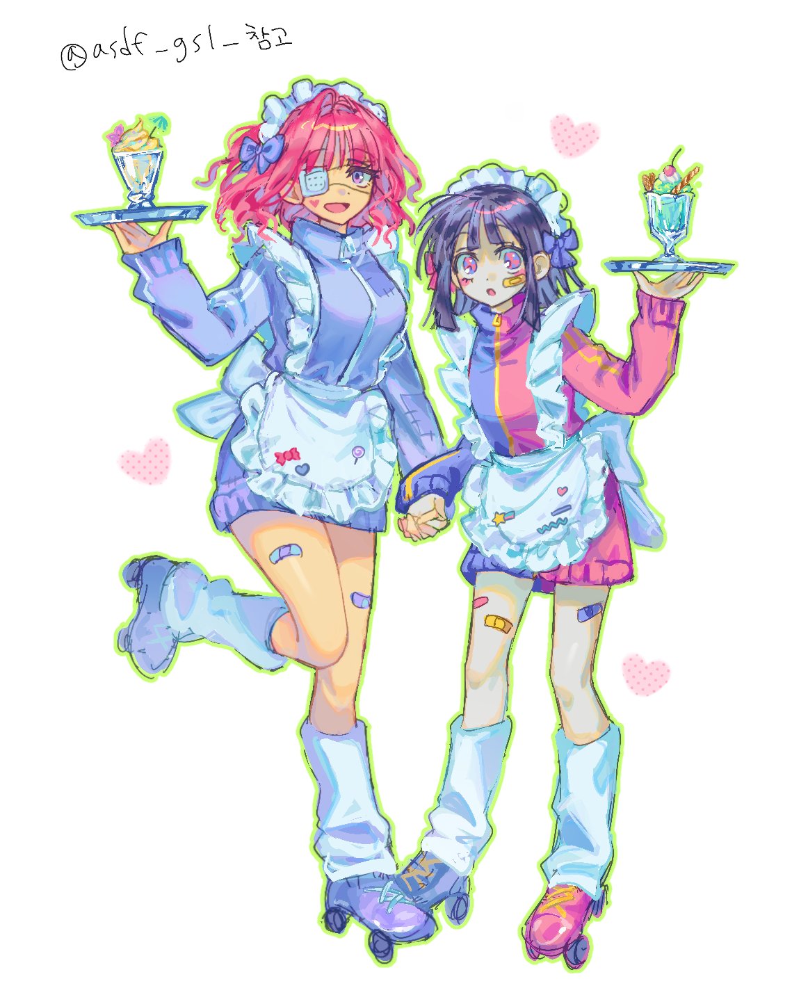 wktmqtj, pomni (the amazing digital circus), ragatha (the amazing digital circus), the amazing digital circus, hashtag-only commentary, highres, !?, 2girls, :d, :o, adapted costume, ankle boots, apron, asymmetrical footwear, back bow, bandaid, bandaid on cheek, bandaid on face, bandaid on thigh, black hair, blue boots, blue bow, blue eyes, blue jacket, blunt bangs, blunt ends, bob cut, boots, bow, eyepatch, facial mark, frilled apron, frills, full body, green outline, headdress, heart, heart facial mark, holding, holding hands, holding tray, humanization, jacket, jersey maid, knees together feet apart, lace-up boots, long sleeves, loose socks, maid, maid apron, maid headdress, medical eyepatch, medium hair, mismatched footwear, multicolored eyes, multicolored jacket, multiple girls, one eye covered, open mouth, outline, puffy long sleeves, puffy sleeves, purple boots, purple bow, purple eyes, purple jacket, red boots, red eyes, red hair, red jacket, roller skates, simple background, skates, smile, socks, standing, standing on one leg, tongue, track jacket, tray, turtleneck, turtleneck jacket, two-tone eyes, two-tone jacket, unconventional maid, waist apron, white apron, white background, white bow, white headdress, white socks, zipper