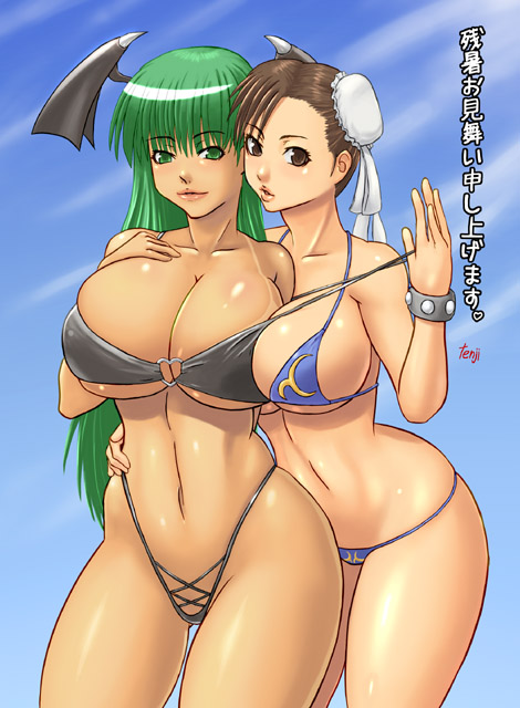 tenji, chun-li, morrigan aensland, capcom, darkstalkers, street fighter, translation request, 2girls, adapted costume, artist name, bikini, bikini tan, bracelet, breasts, brown eyes, brown hair, bun cover, cleavage, cowboy shot, curvy, day, double bun, green eyes, green hair, hair bun, hand on own chest, head wings, highleg, highleg bikini, hip focus, huge breasts, lips, long hair, looking at viewer, lowleg, lowleg bikini, multiple girls, parted lips, plump, shiny skin, short hair, sky, strap lift, string bikini, studded bracelet, swimsuit, tan, tanline, wide hips, wings, zanshomimai