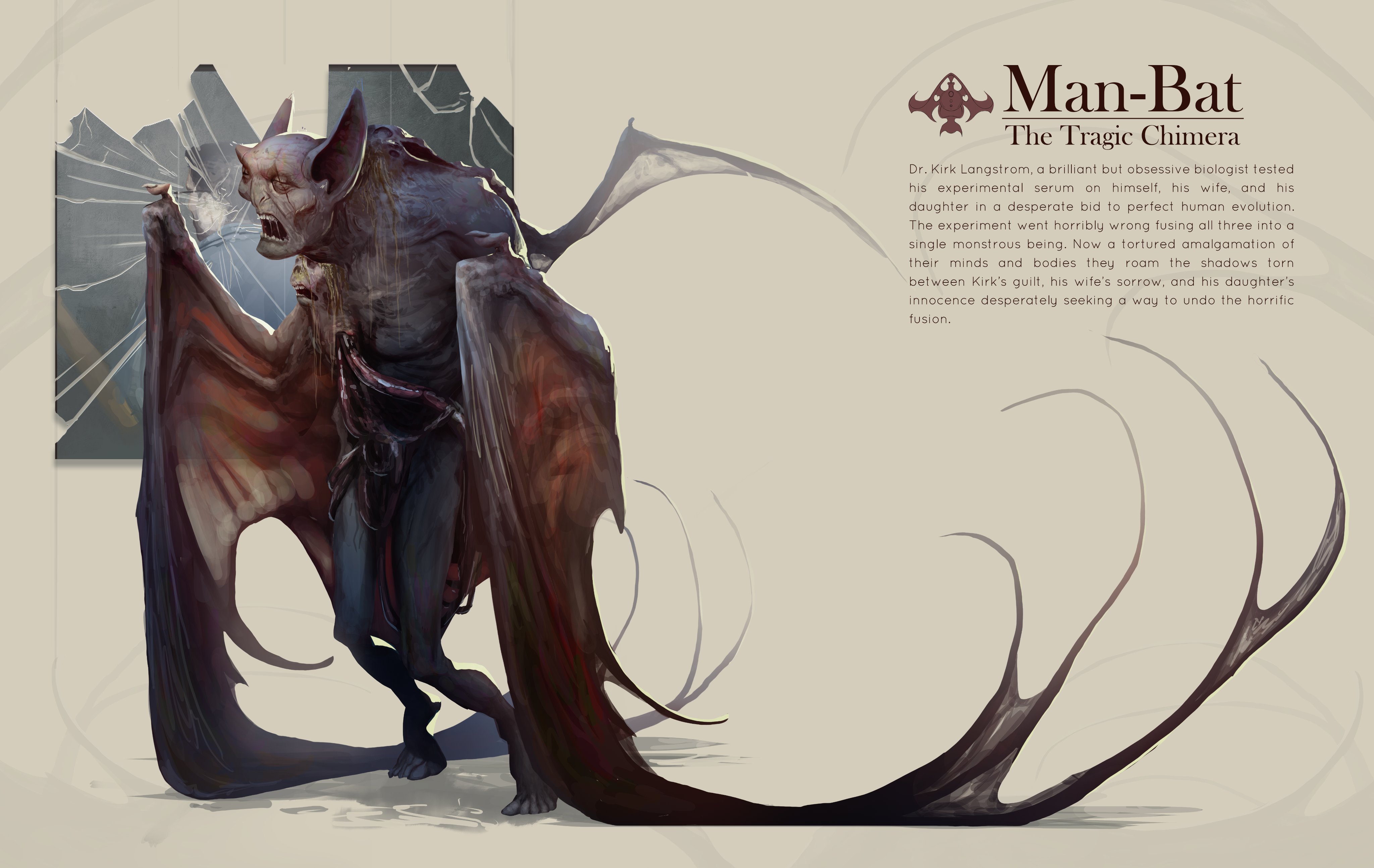 batman (series), dc comics, absurdres, highres, 1boy, animal ears, bat boy, bat ears, bat wings, broken mirror, burden walker, colored skin, dragging, english text, grey skin, man-bat, mirror, open mouth, solo, wings